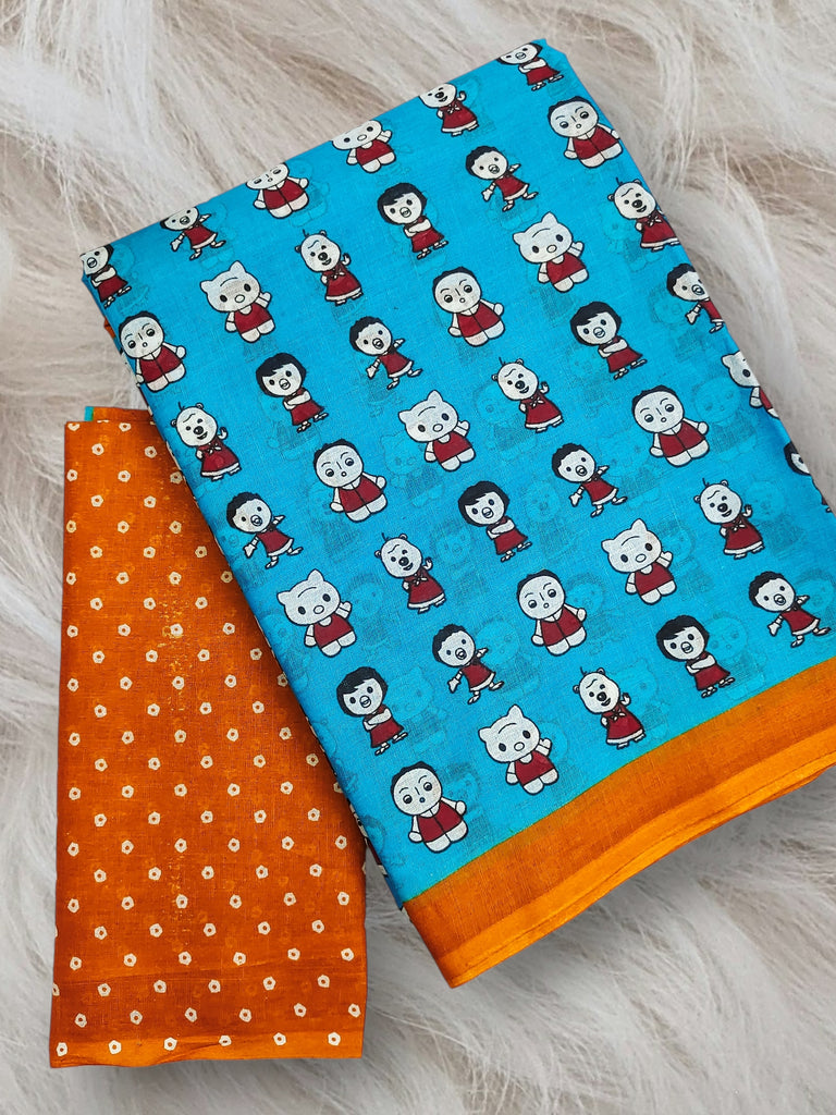 CARTOON HAND BLOCK MULMUL COTTON SKY BLUE SAREE