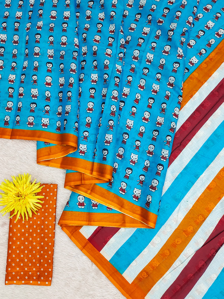 CARTOON HAND BLOCK MULMUL COTTON SKY BLUE SAREE