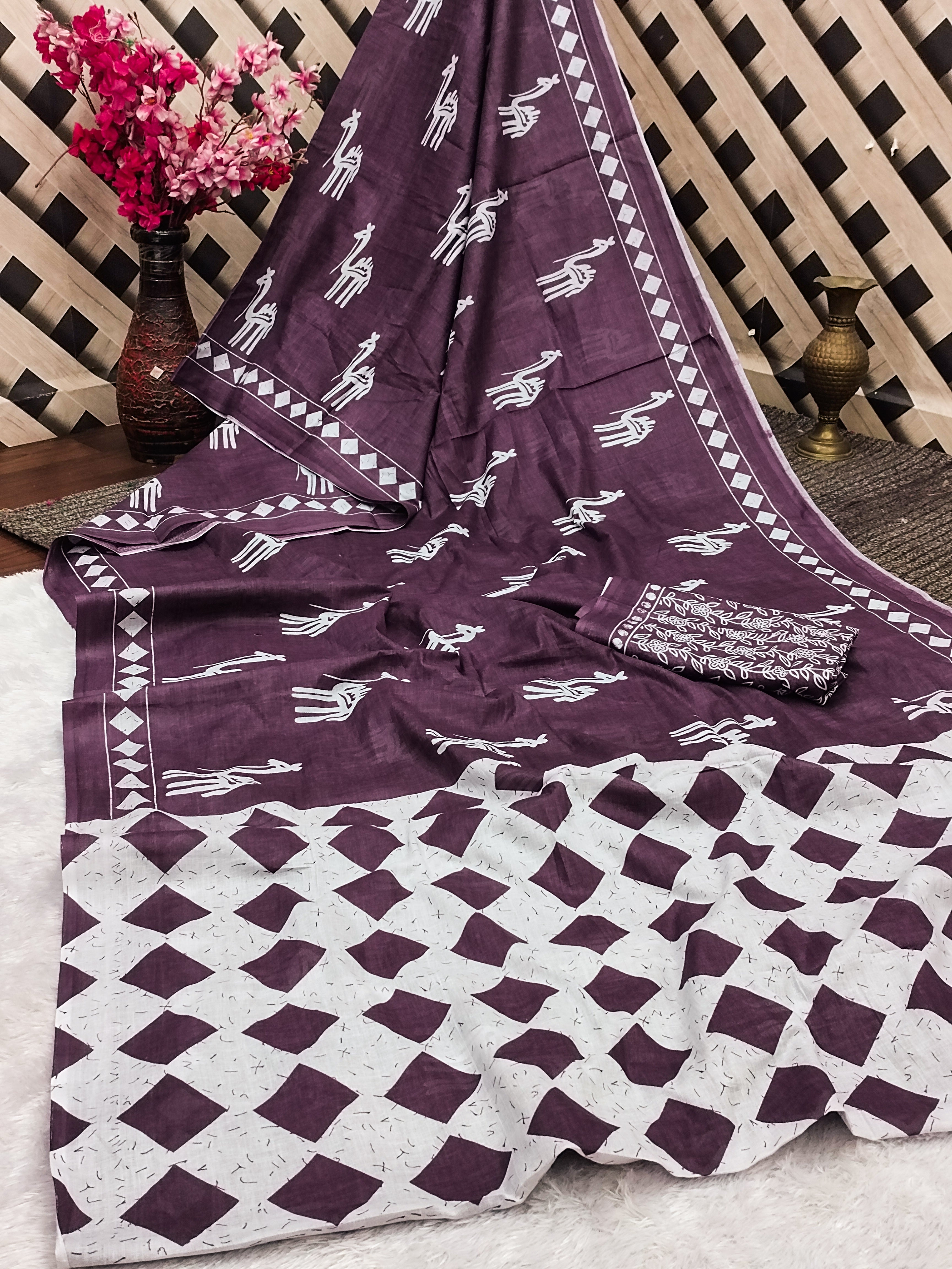CEMAL SOFT PURE COTTON FANCY CEMAL ANIMAL TRANDING JAIPUR BLOCK PRINT PURPLE SAREE