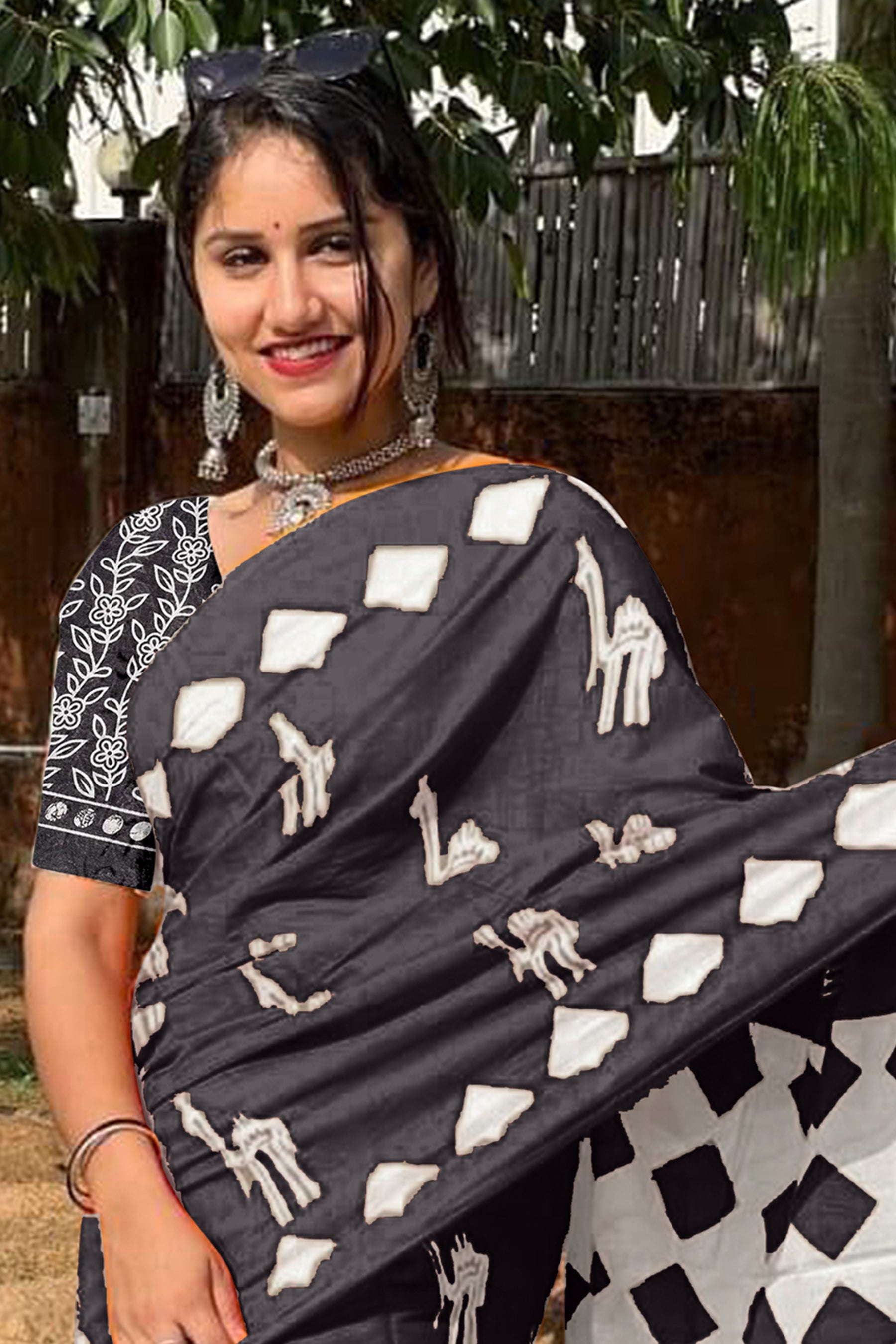 CEMAL SOFT PURE COTTON FANCY CEMAL ANIMAL TRANDING JAIPUR BLOCK PRINT BLACK SAREE