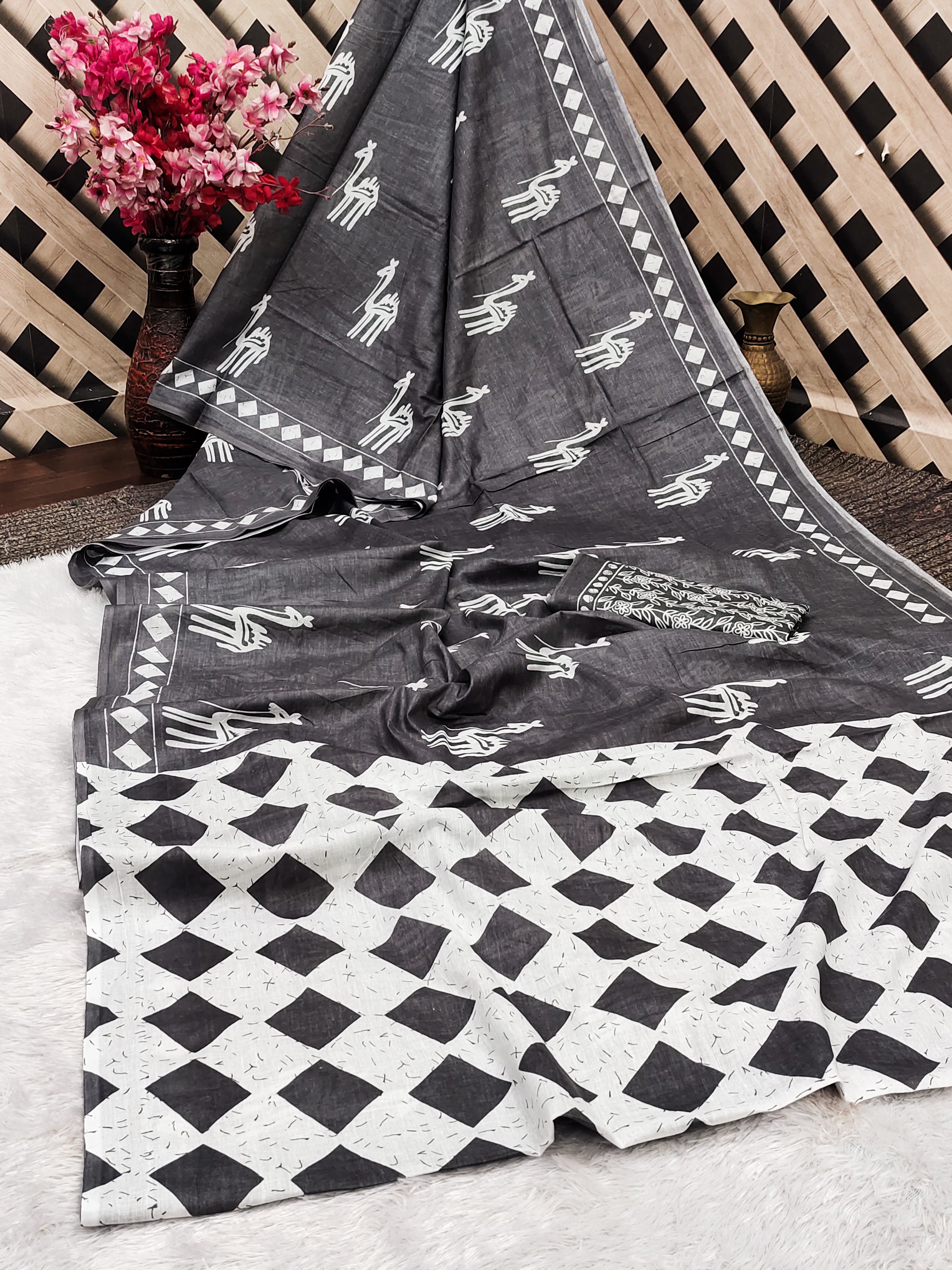 CEMAL SOFT PURE COTTON FANCY CEMAL ANIMAL TRANDING JAIPUR BLOCK PRINT BLACK SAREE