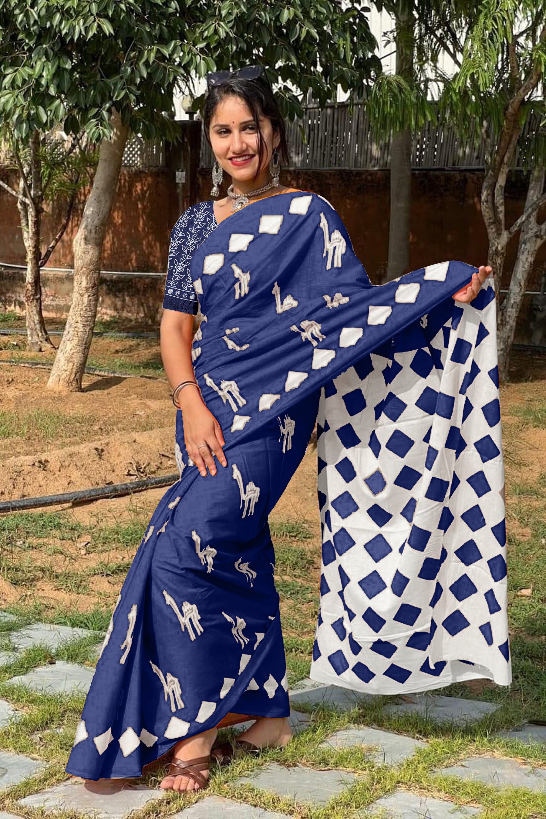 CEMAL SOFT PURE COTTON FANCY CEMAL ANIMAL TRANDING JAIPUR BLOCK PRINT BLUE SAREE