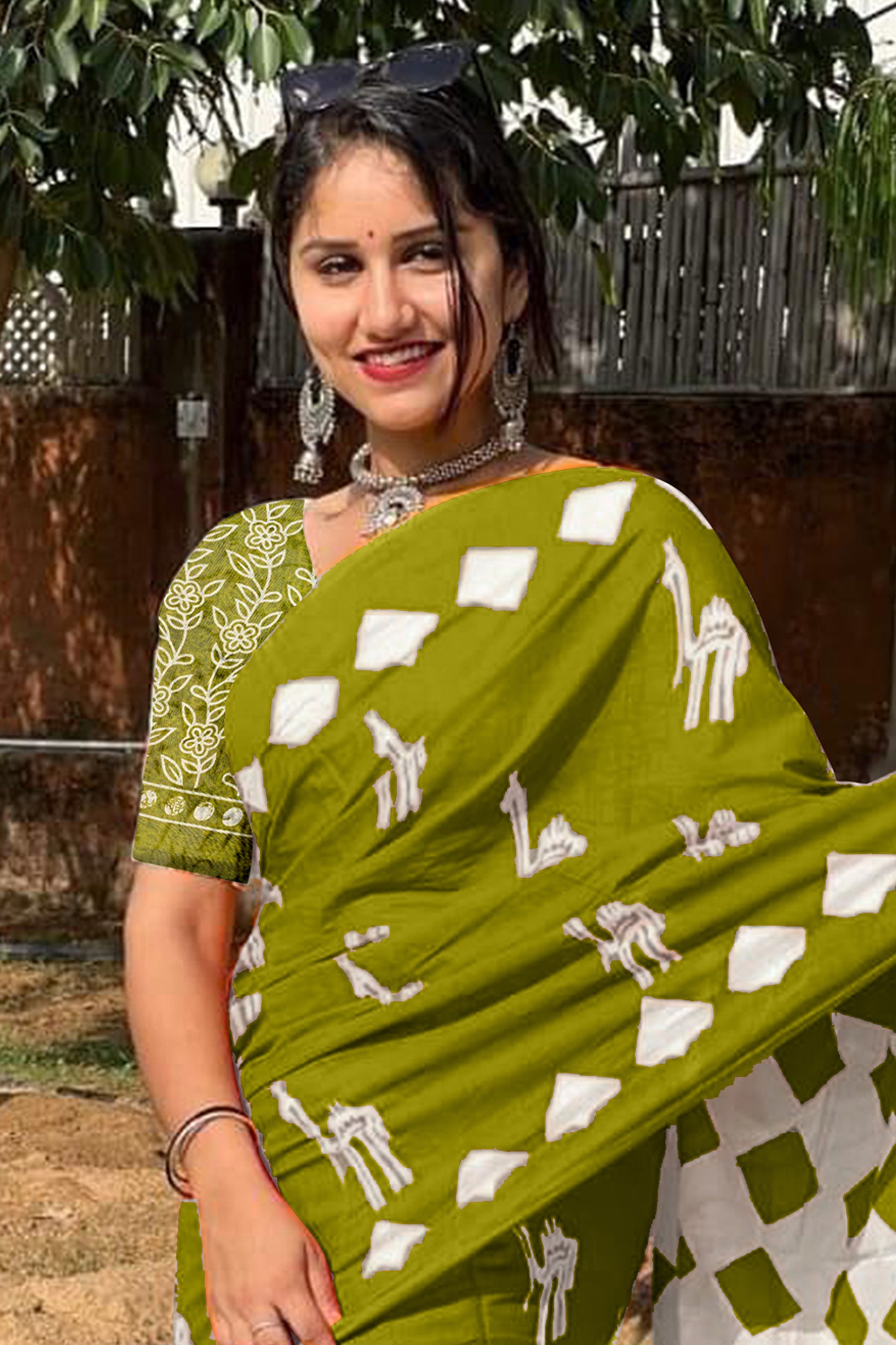 CEMAL SOFT PURE COTTON FANCY CEMAL ANIMAL TRANDING JAIPUR BLOCK PRINT MEHANDI GREEN SAREE