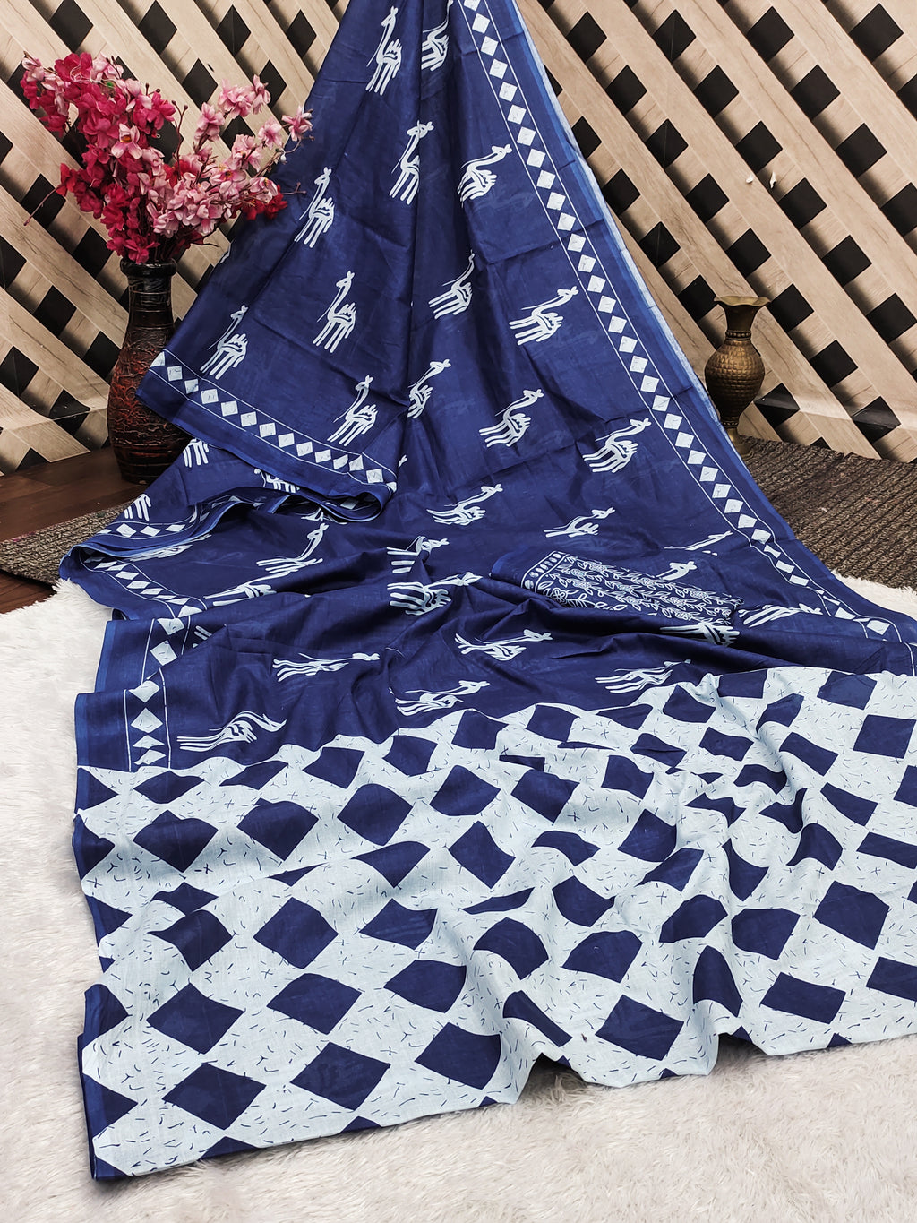 CEMAL SOFT PURE COTTON FANCY CEMAL ANIMAL TRANDING JAIPUR BLOCK PRINT BLUE SAREE
