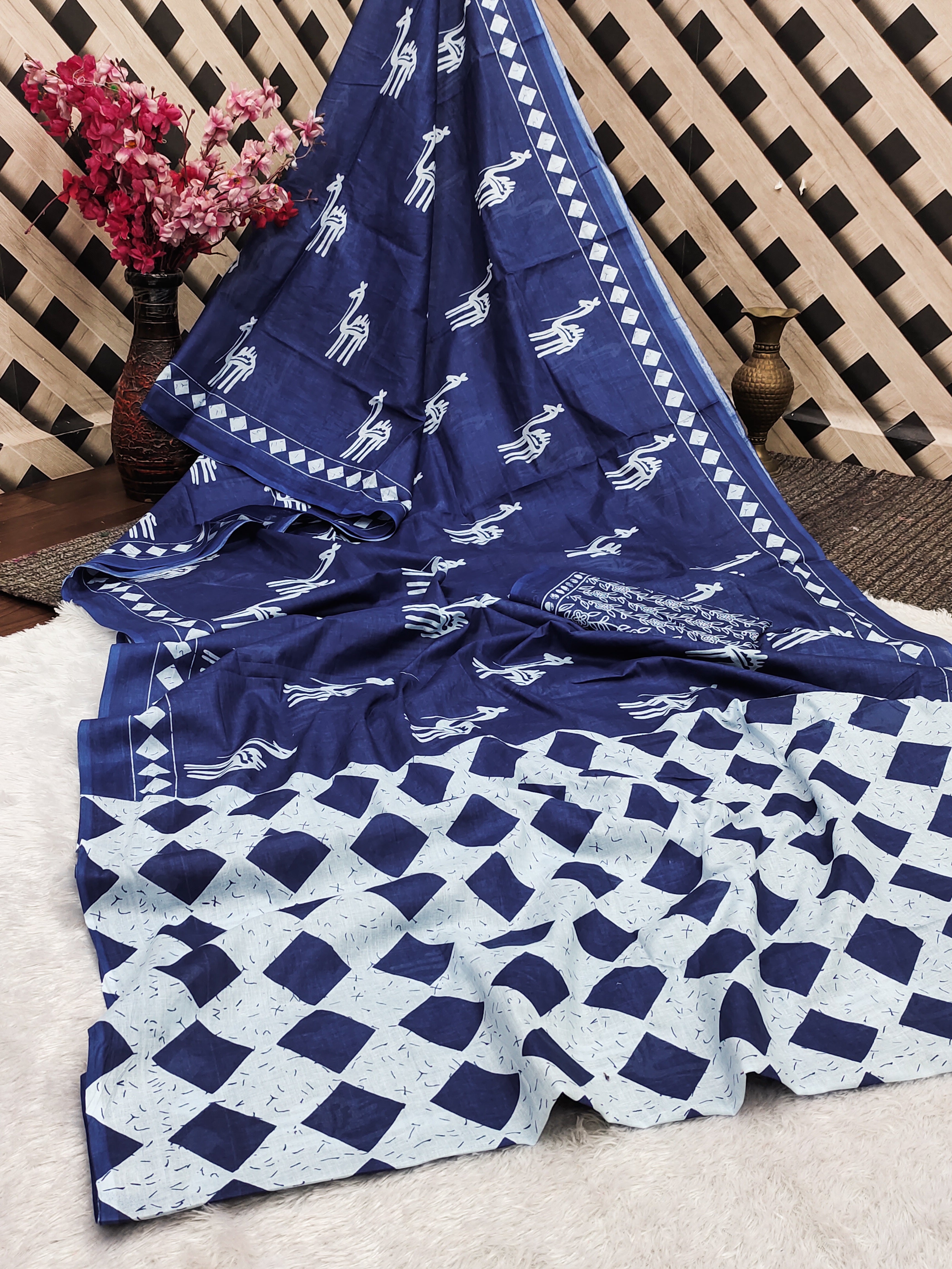 CEMAL SOFT PURE COTTON FANCY CEMAL ANIMAL TRANDING JAIPUR BLOCK PRINT BLUE SAREE