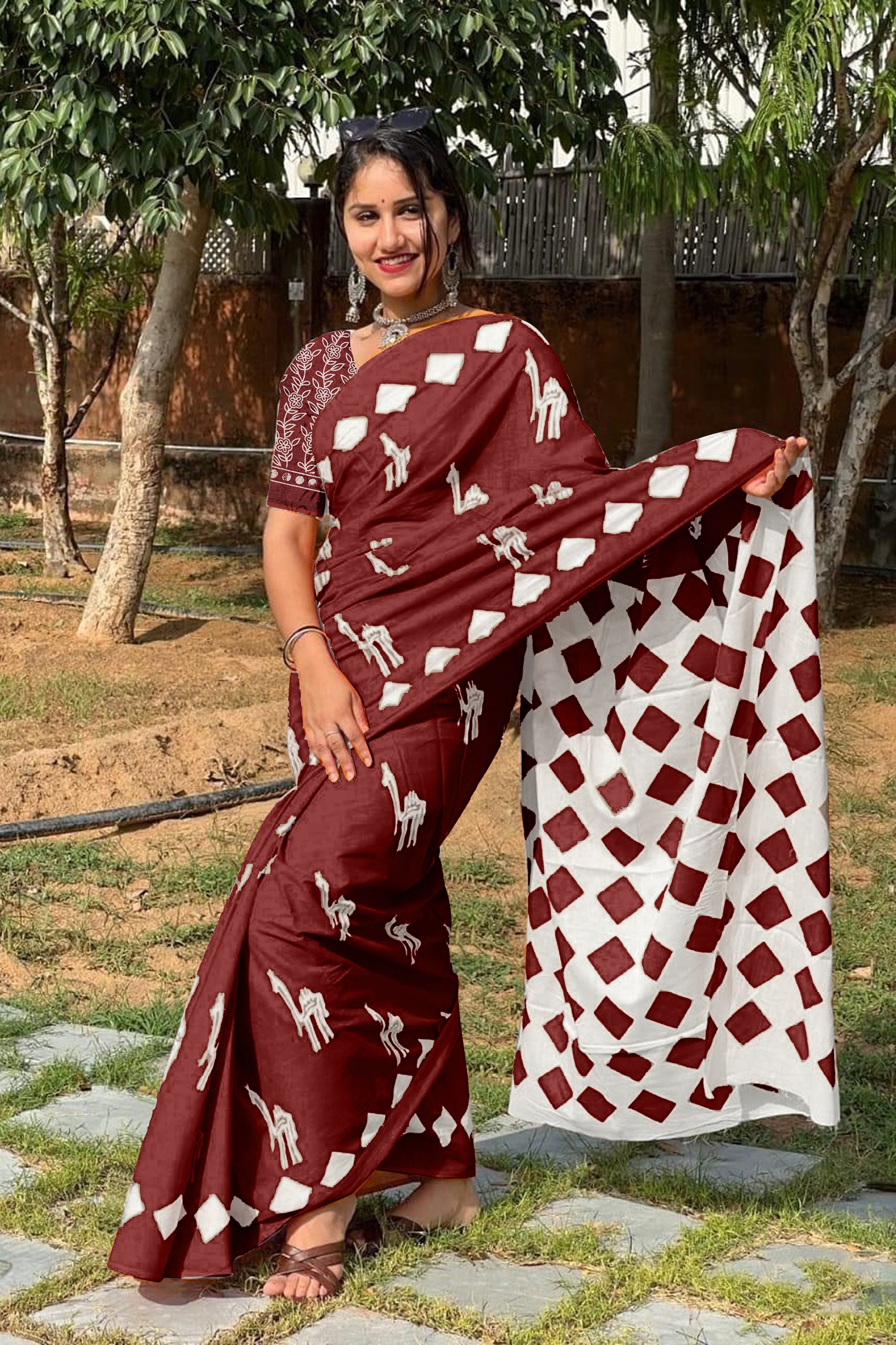 CEMAL SOFT PURE COTTON FANCY CEMAL ANIMAL TRANDING JAIPUR BLOCK PRINT MAROON SAREE