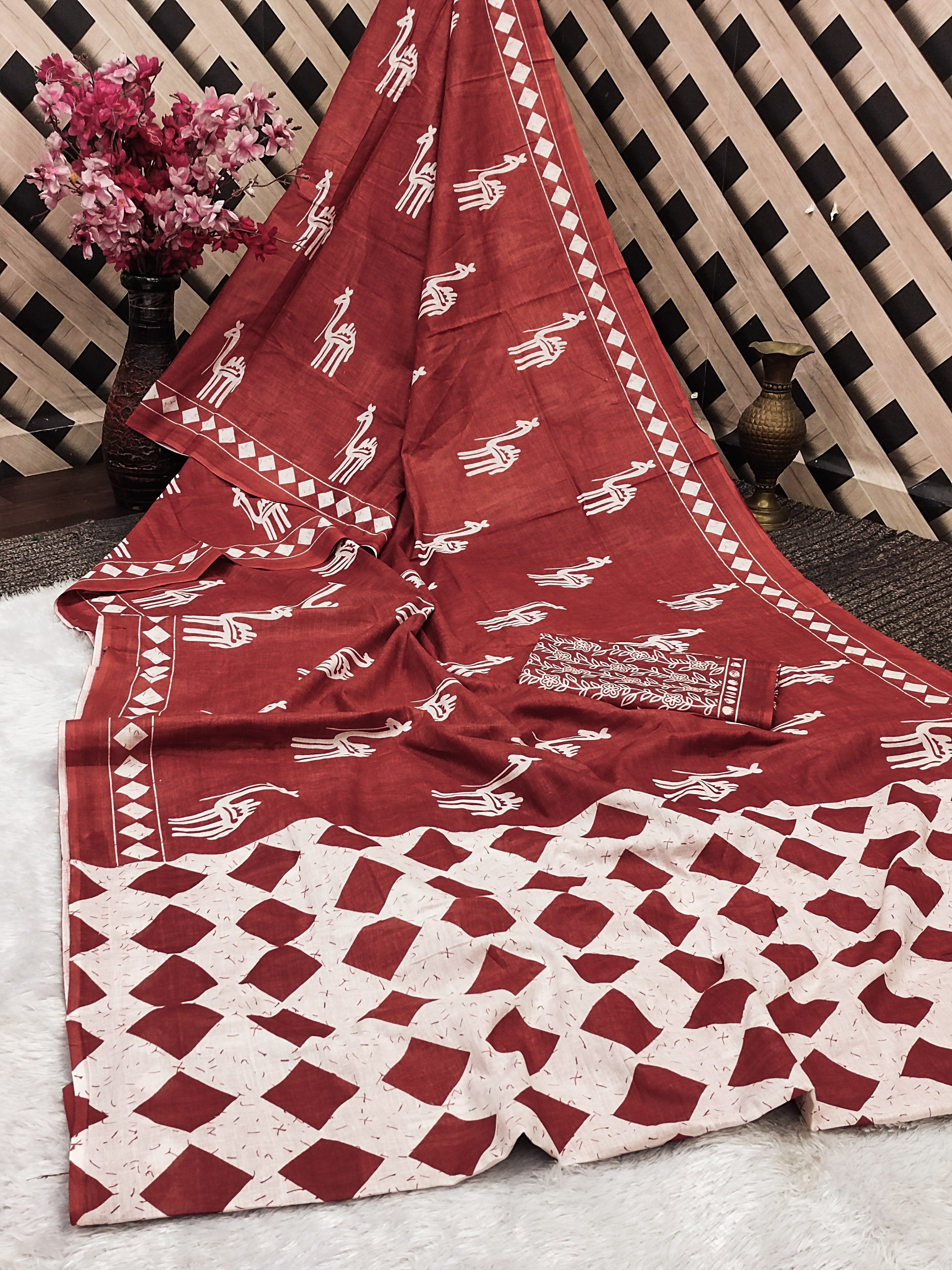 CEMAL SOFT PURE COTTON FANCY CEMAL ANIMAL TRANDING JAIPUR BLOCK PRINT MAROON SAREE