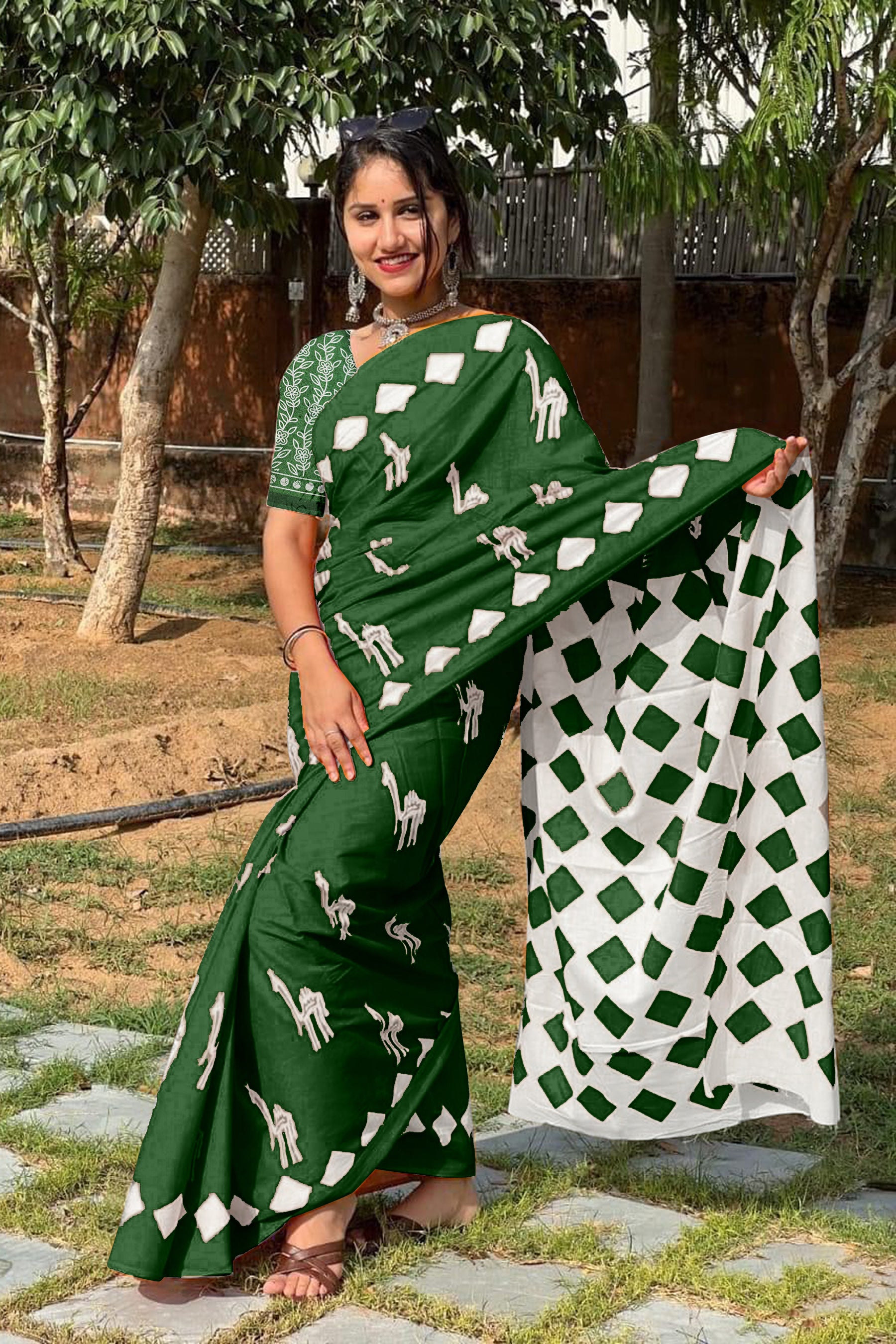 CEMAL SOFT PURE COTTON FANCY CEMAL ANIMAL TRANDING JAIPUR BLOCK PRINT GREEN SAREE