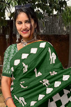 CEMAL SOFT PURE COTTON FANCY CEMAL ANIMAL TRANDING JAIPUR BLOCK PRINT GREEN SAREE