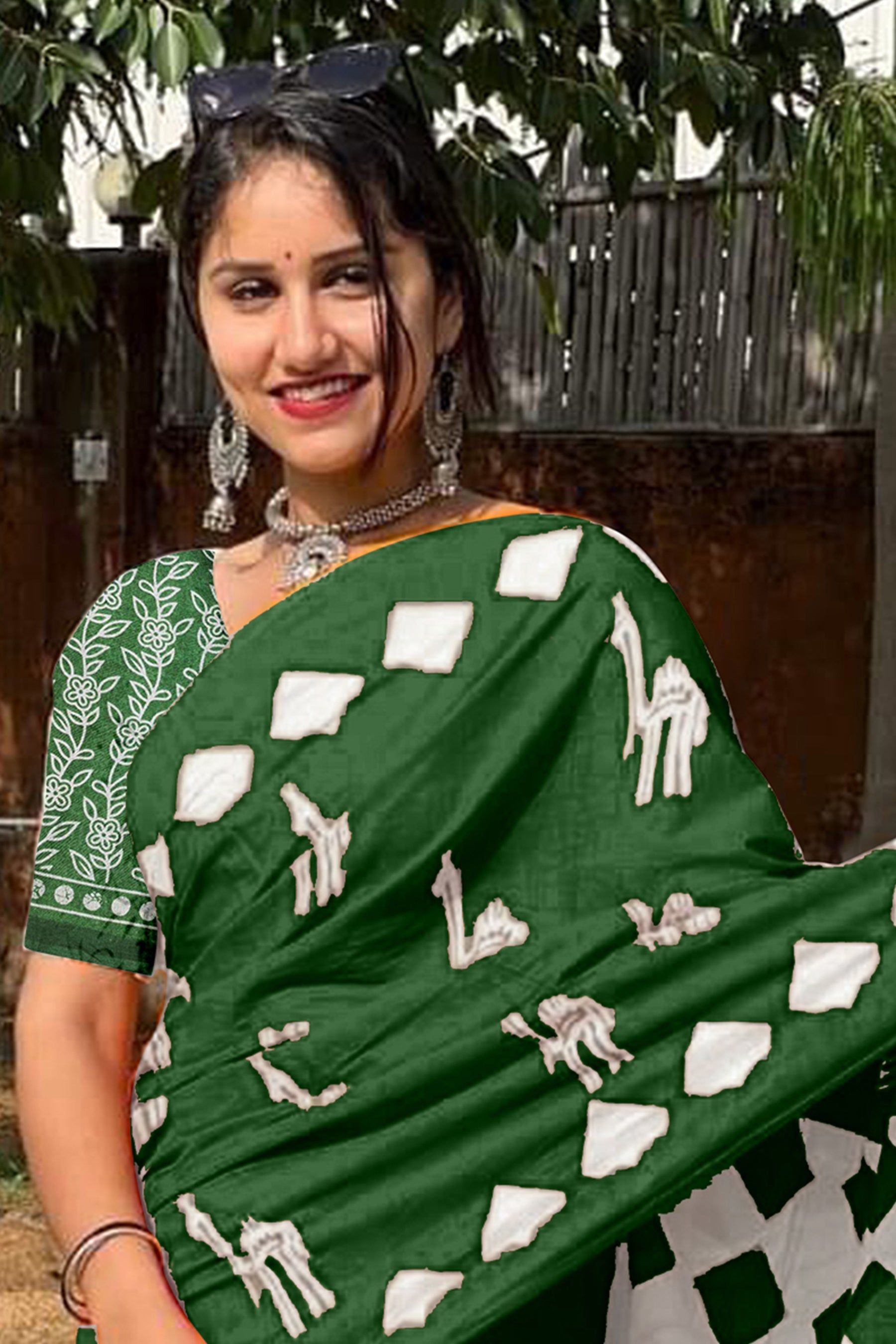 CEMAL SOFT PURE COTTON FANCY CEMAL ANIMAL TRANDING JAIPUR BLOCK PRINT GREEN SAREE