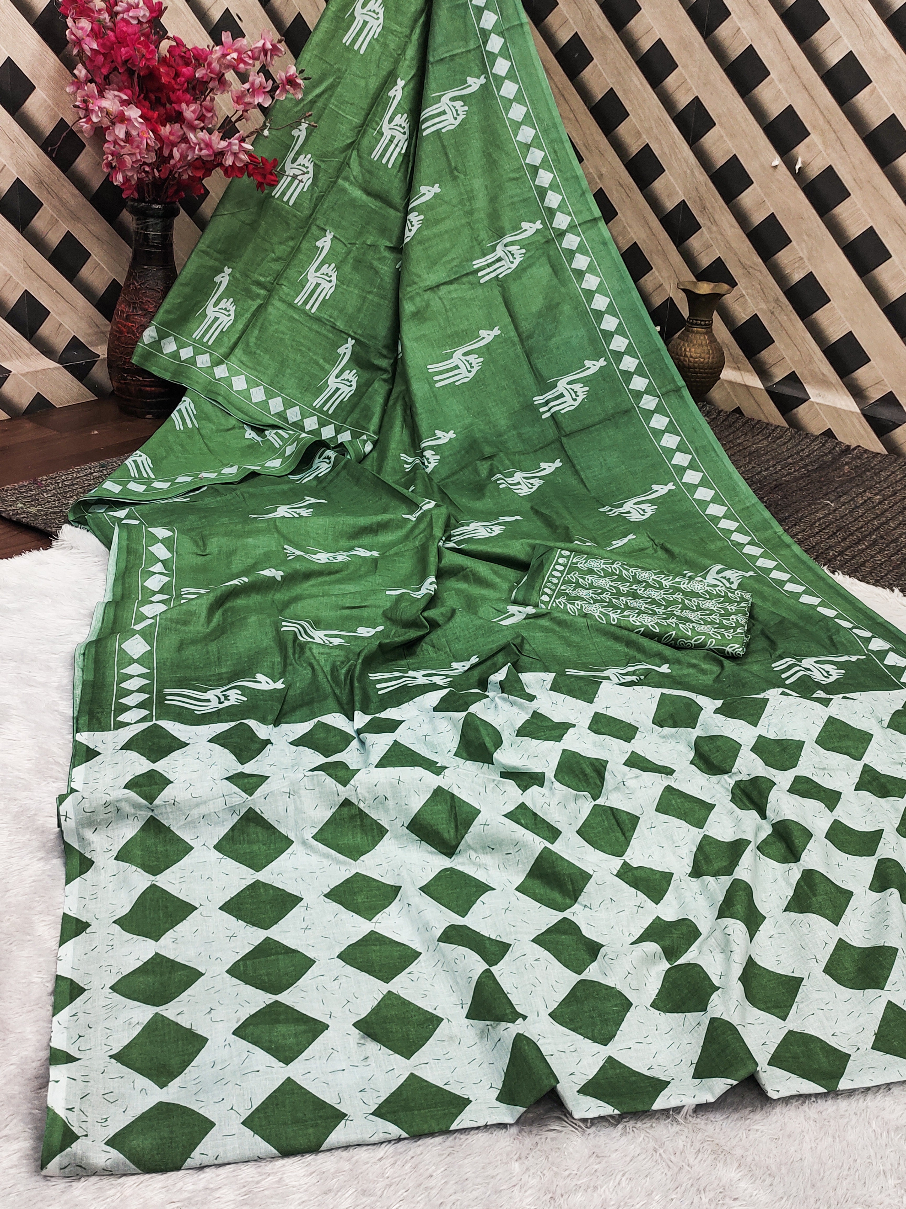 CEMAL SOFT PURE COTTON FANCY CEMAL ANIMAL TRANDING JAIPUR BLOCK PRINT GREEN SAREE
