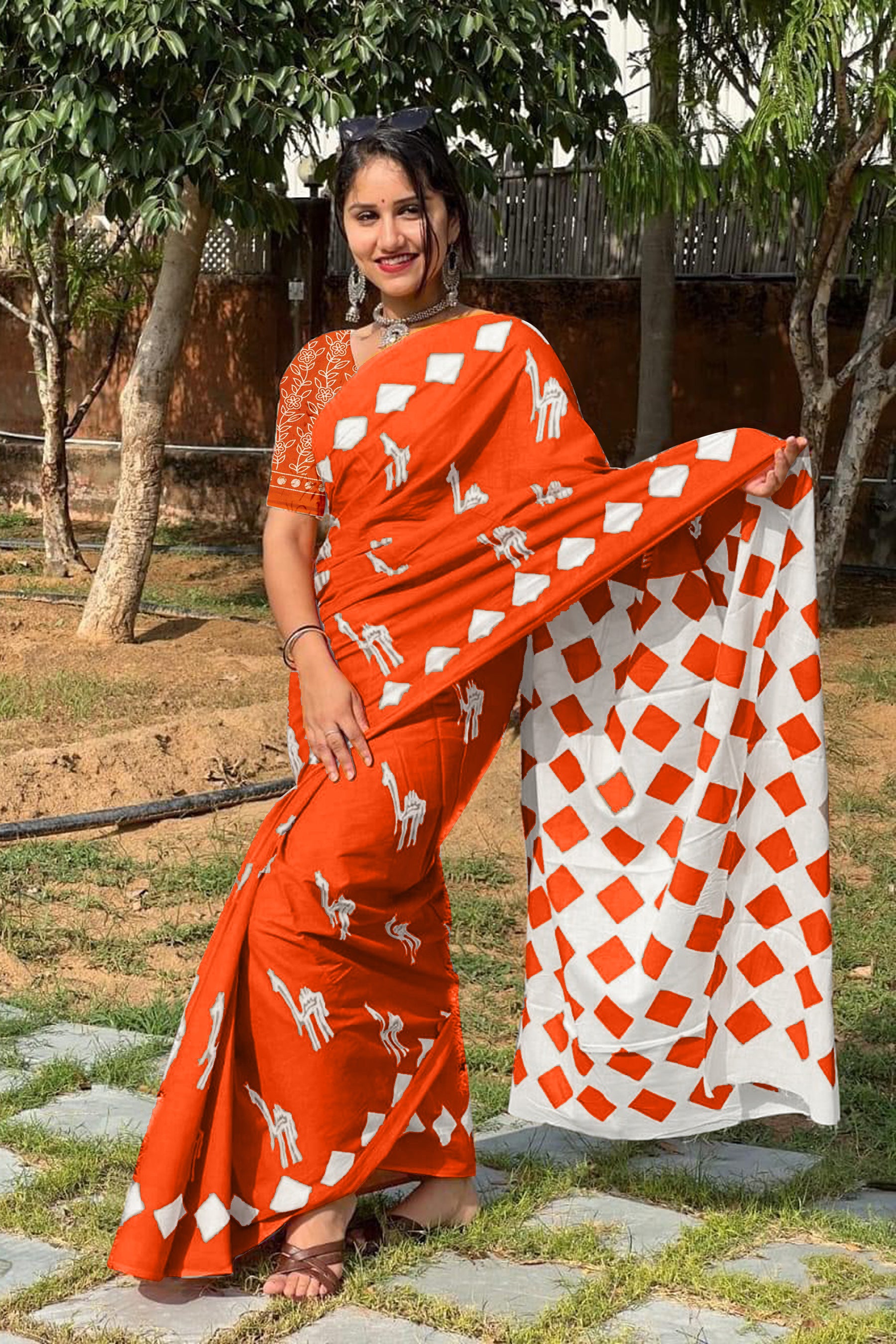 CEMAL SOFT PURE COTTON FANCY CEMAL ANIMAL TRANDING JAIPUR BLOCK PRINT ORANGE SAREE