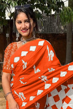 CEMAL SOFT PURE COTTON FANCY CEMAL ANIMAL TRANDING JAIPUR BLOCK PRINT ORANGE SAREE