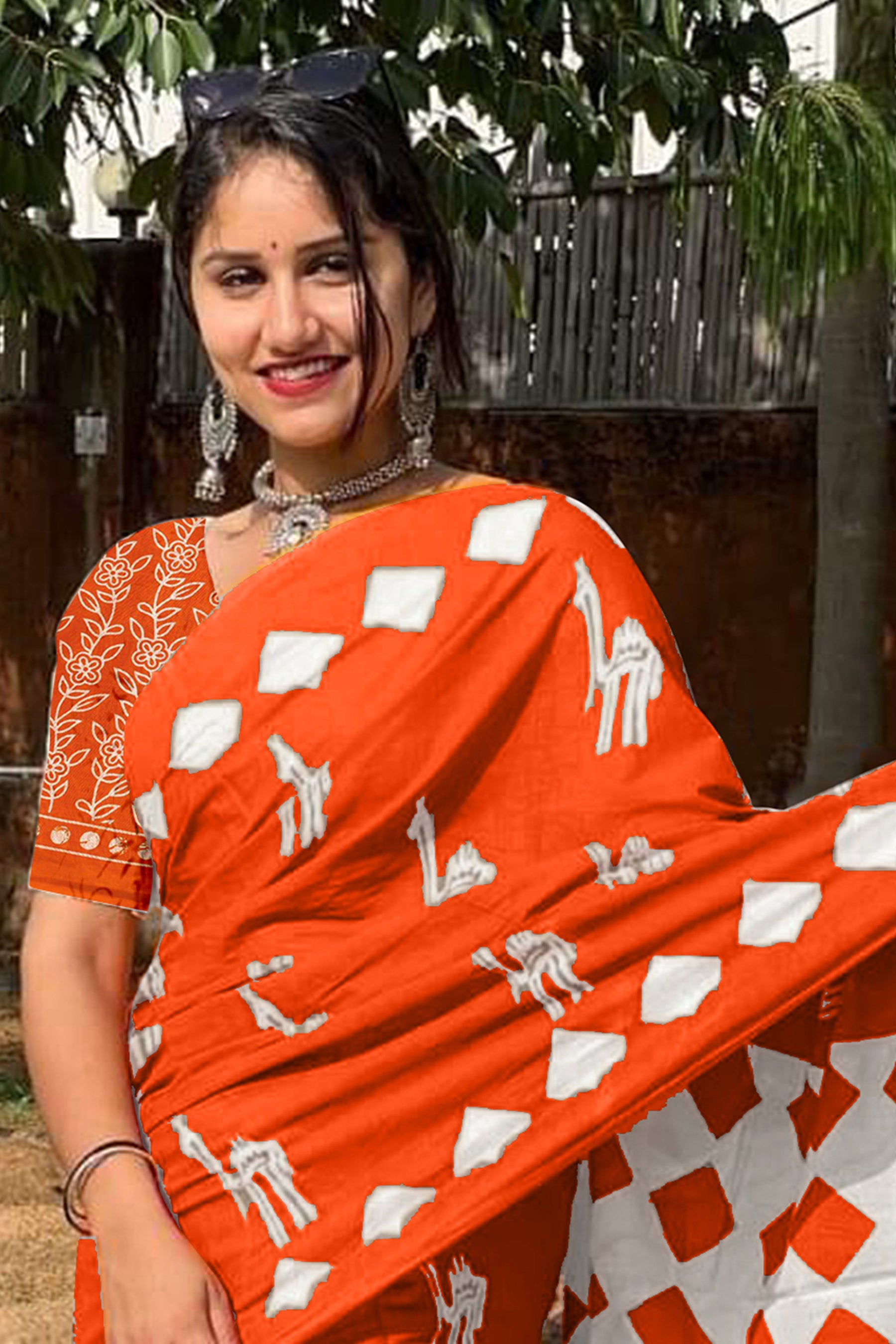 CEMAL SOFT PURE COTTON FANCY CEMAL ANIMAL TRANDING JAIPUR BLOCK PRINT ORANGE SAREE