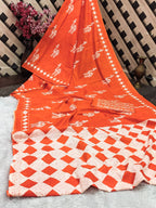 CEMAL SOFT PURE COTTON FANCY CEMAL ANIMAL TRANDING JAIPUR BLOCK PRINT ORANGE SAREE