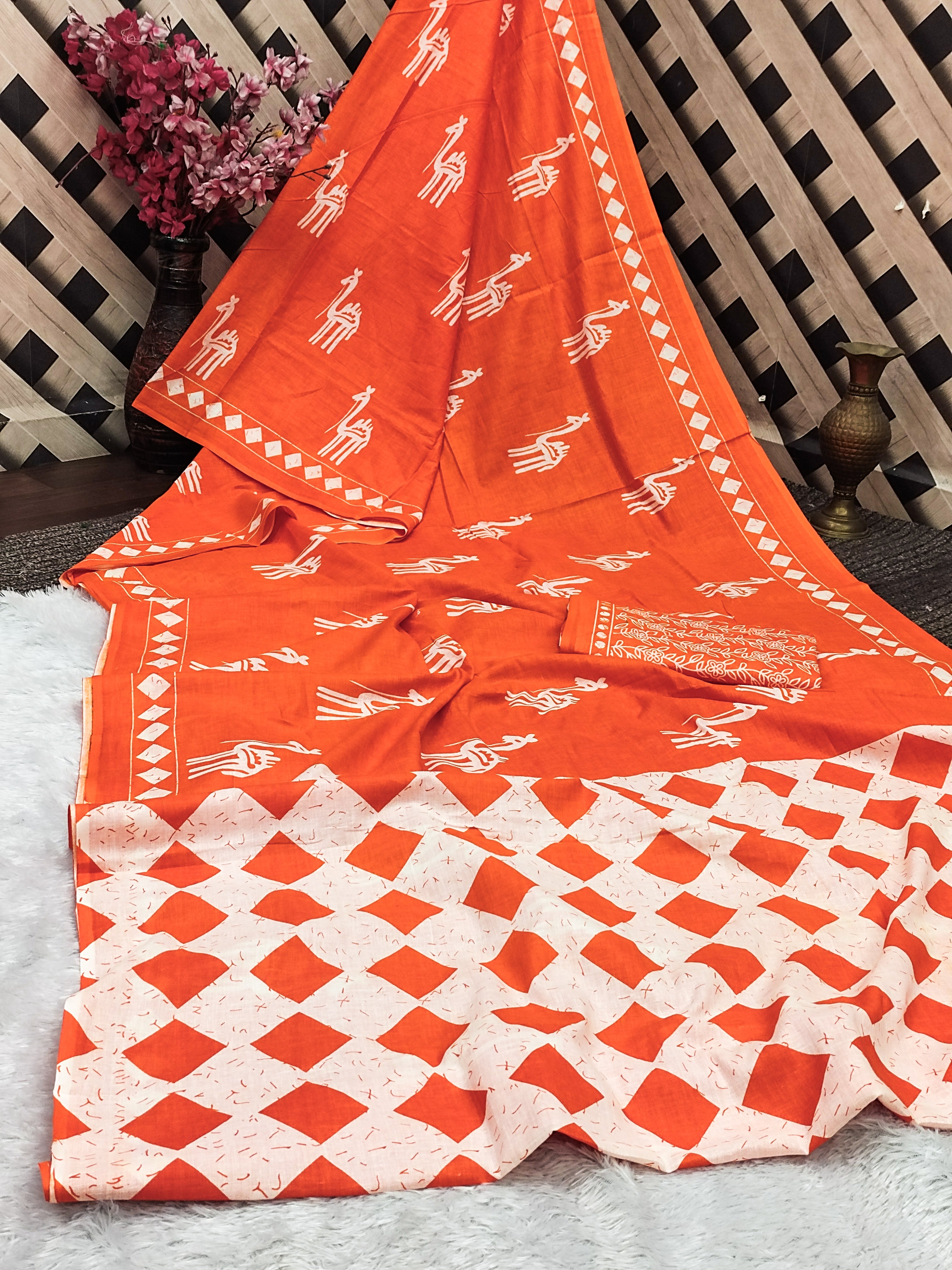 CEMAL SOFT PURE COTTON FANCY CEMAL ANIMAL TRANDING JAIPUR BLOCK PRINT ORANGE SAREE