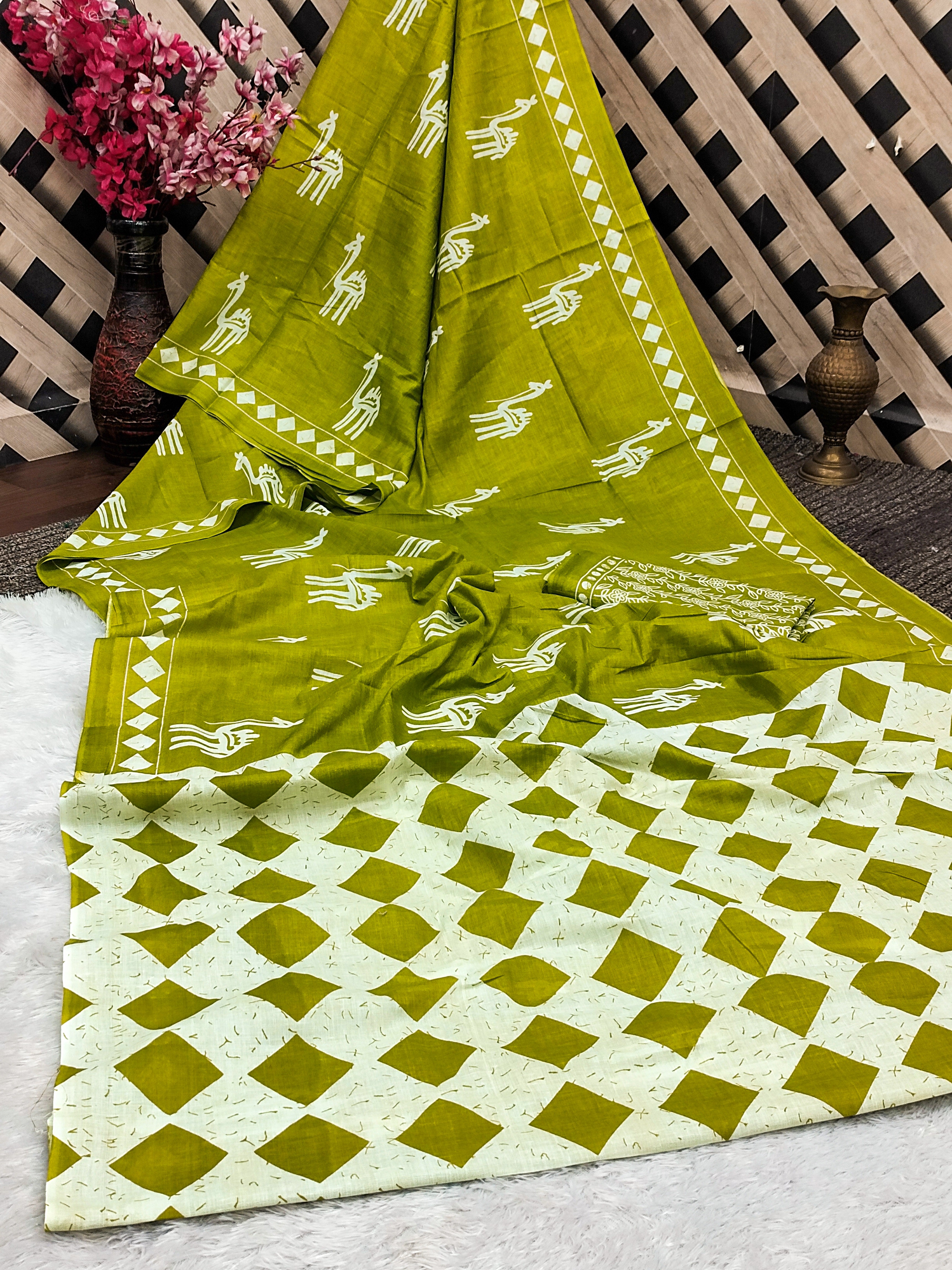 CEMAL SOFT PURE COTTON FANCY CEMAL ANIMAL TRANDING JAIPUR BLOCK PRINT MEHANDI GREEN SAREE