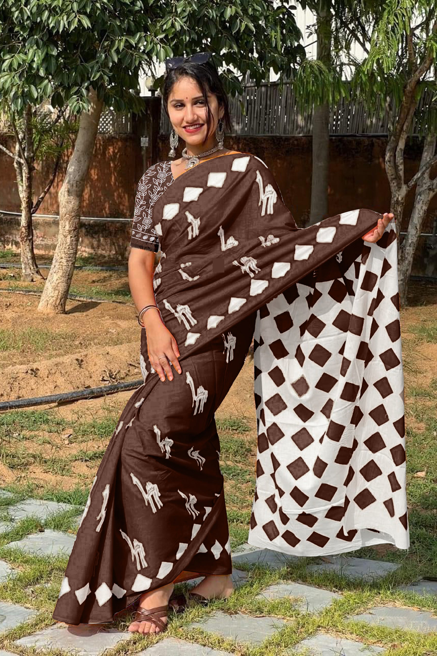 CEMAL SOFT PURE COTTON FANCY CEMAL ANIMAL TRANDING JAIPUR BLOCK PRINT BROWN SAREE