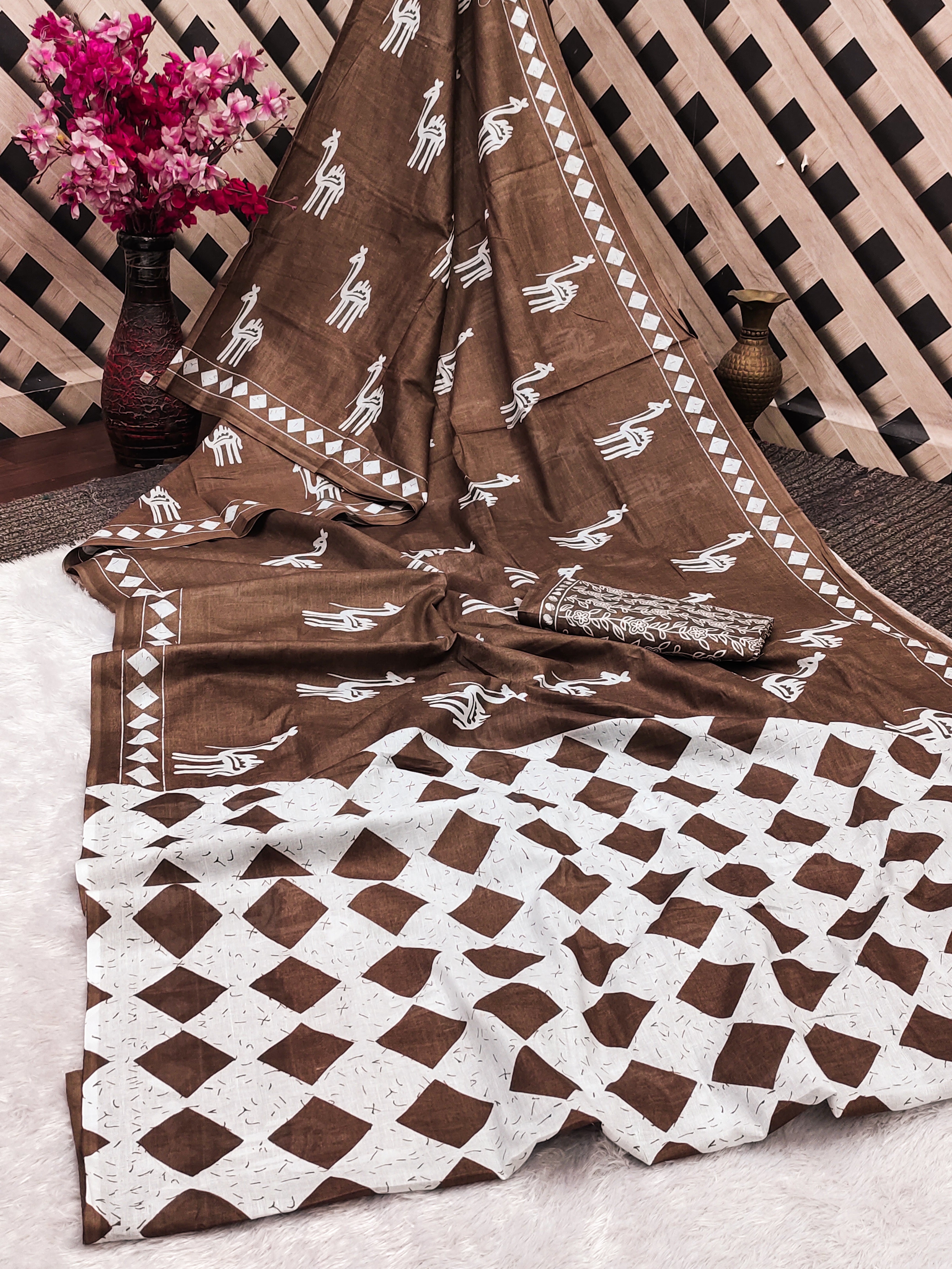 CEMAL SOFT PURE COTTON FANCY CEMAL ANIMAL TRANDING JAIPUR BLOCK PRINT BROWN SAREE