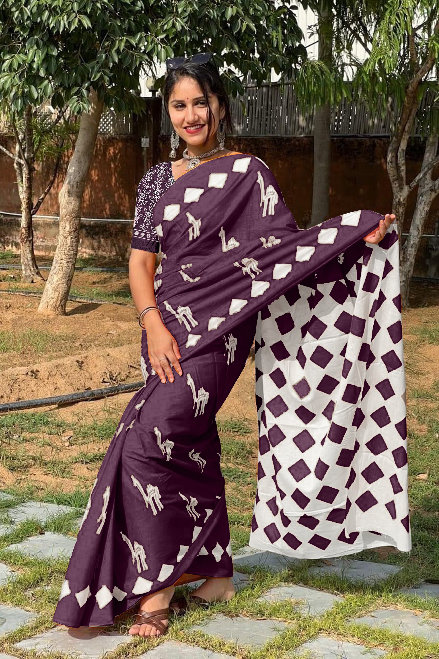 CEMAL SOFT PURE COTTON FANCY CEMAL ANIMAL TRANDING JAIPUR BLOCK PRINT PURPLE SAREE