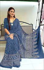 CHAMCHAM SOFT PURE COTTON BANDHEJ PRINTED BLUE SAREE