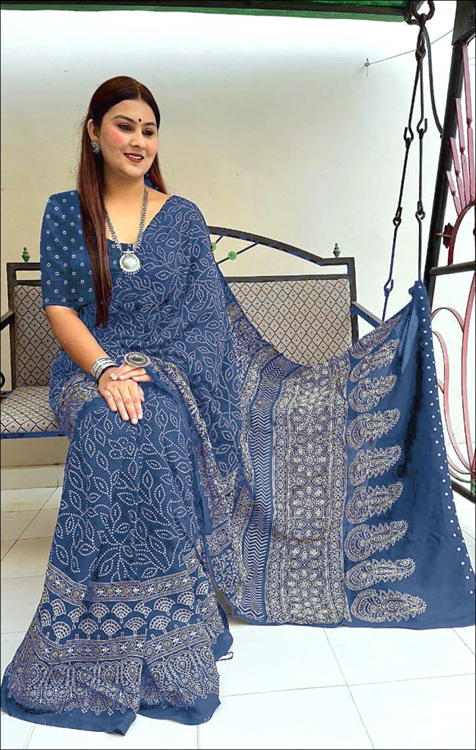 CHAMCHAM SOFT PURE COTTON BANDHEJ PRINTED BLUE SAREE