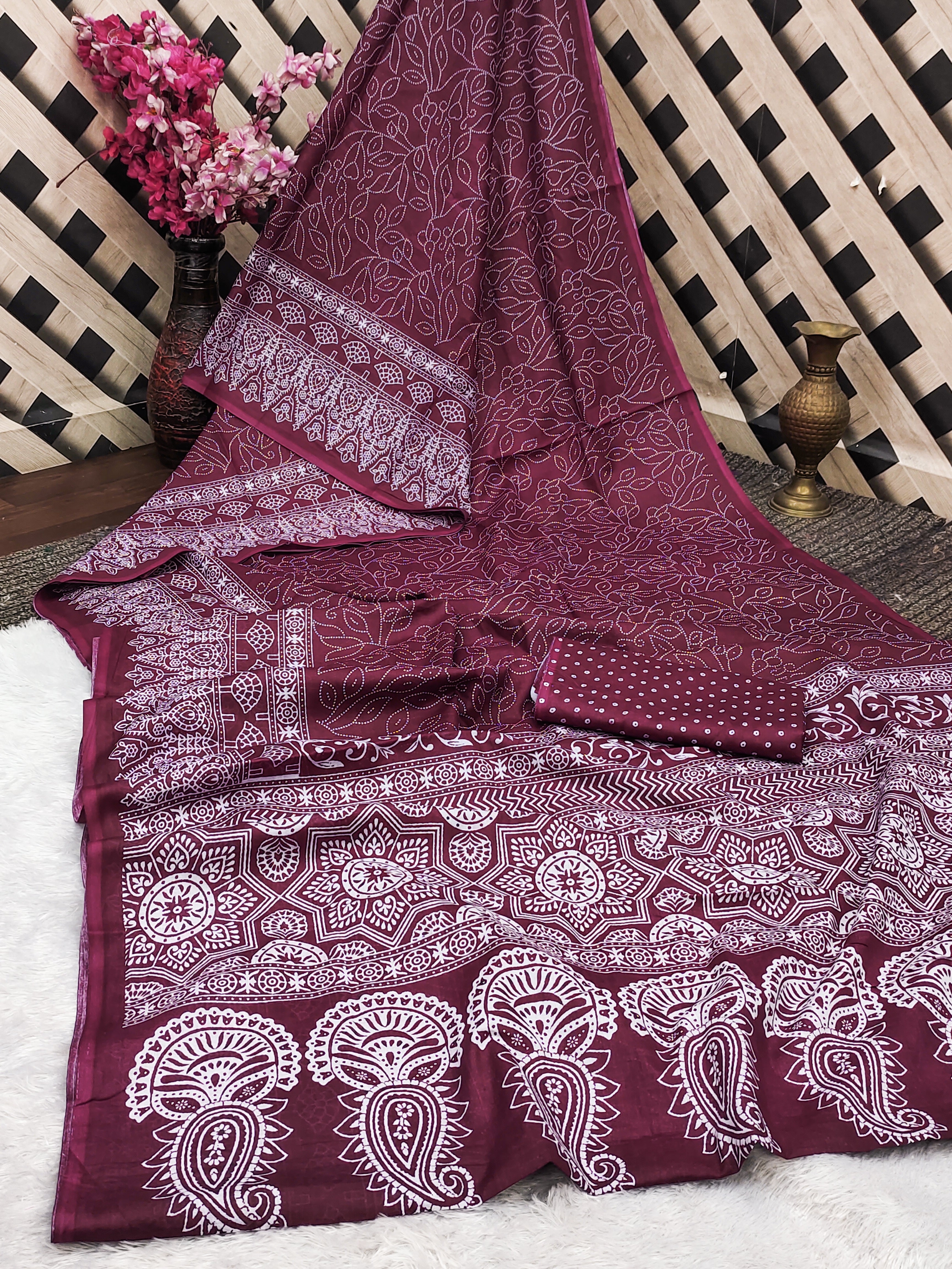 CHAMCHAM SOFT PURE COTTON BANDHEJ PRINTED MAROON SAREE