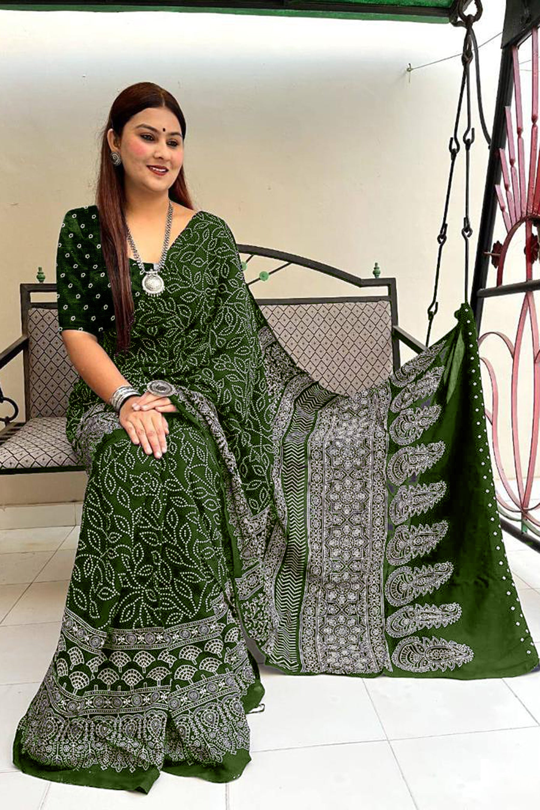 CHAMCHAM SOFT PURE COTTON BANDHEJ PRINTED GREEN SAREE
