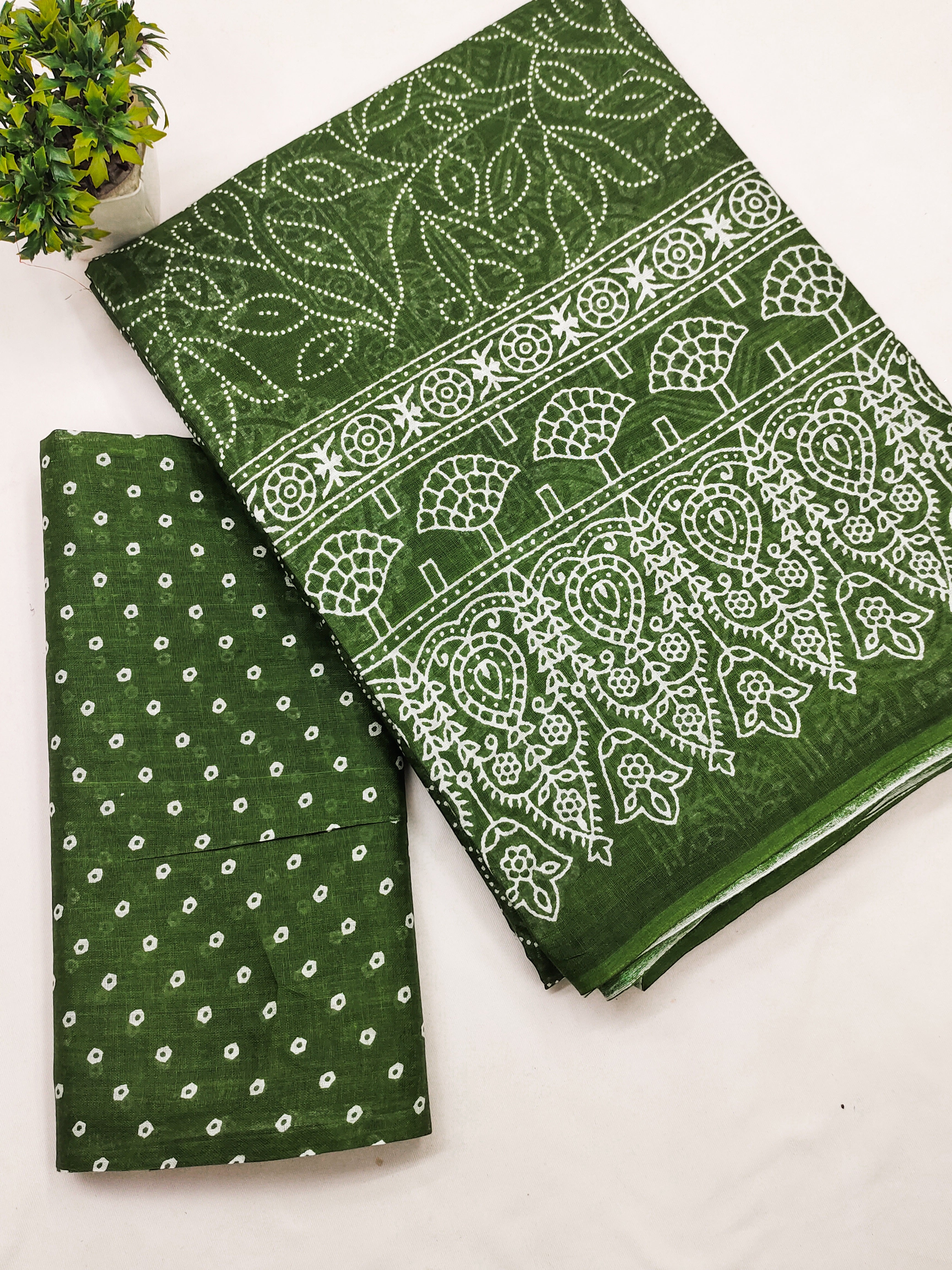 CHAMCHAM SOFT PURE COTTON BANDHEJ PRINTED GREEN SAREE