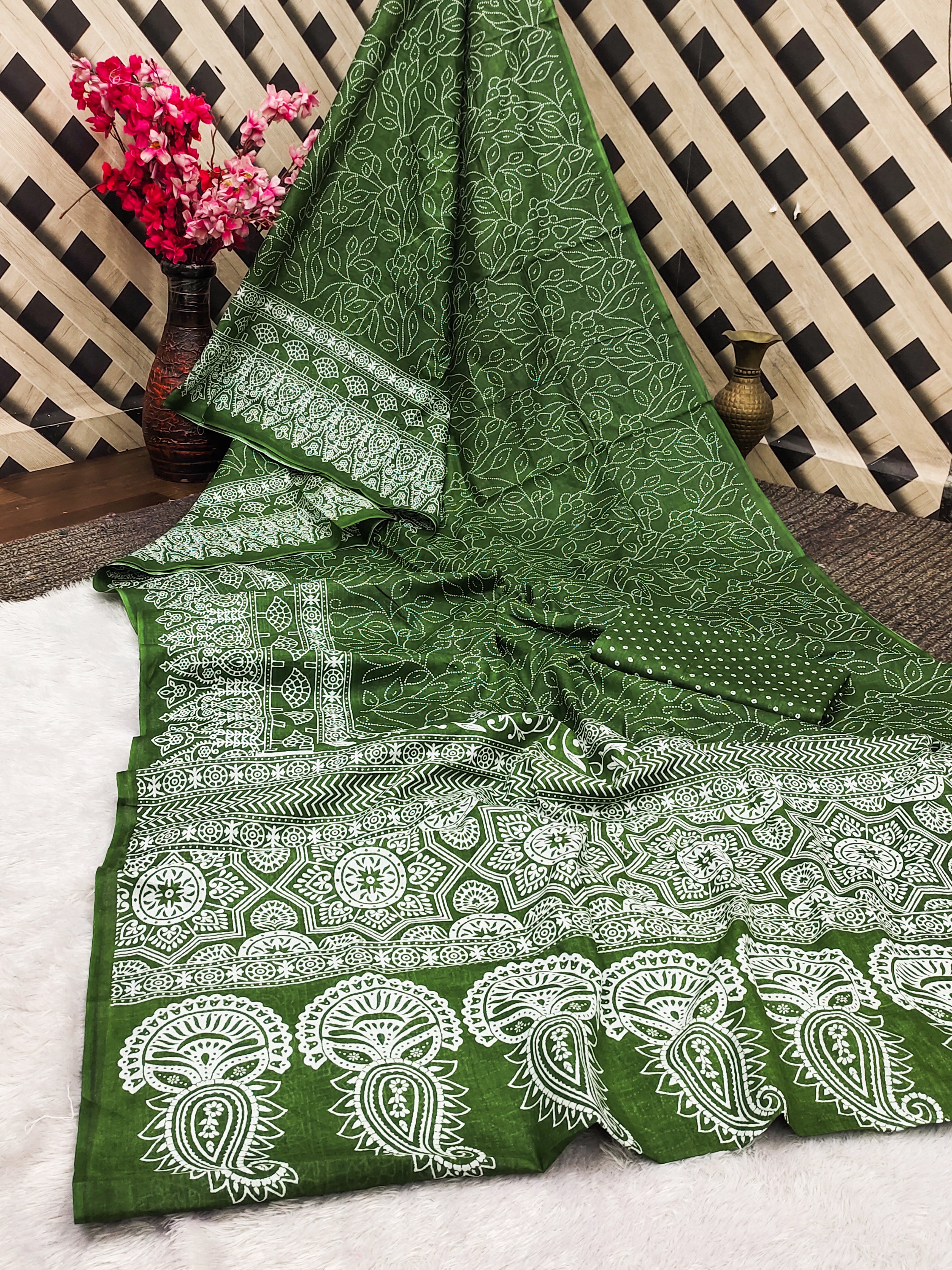 CHAMCHAM SOFT PURE COTTON BANDHEJ PRINTED GREEN SAREE