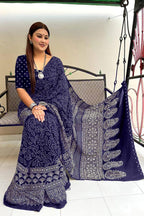 CHAMCHAM SOFT PURE COTTON BANDHEJ PRINTED NEVY BLUE SAREE