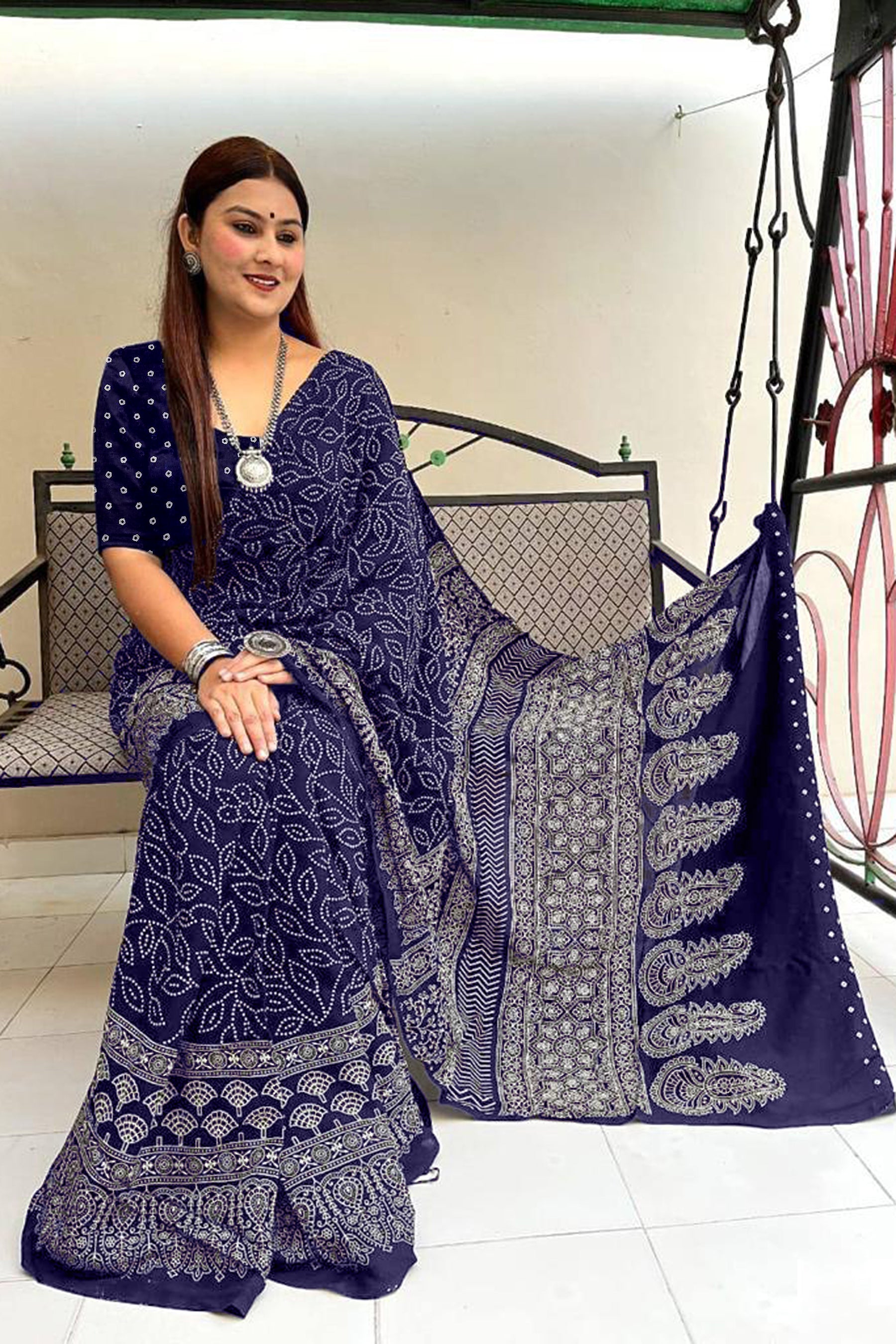 CHAMCHAM SOFT PURE COTTON BANDHEJ PRINTED NEVY BLUE SAREE
