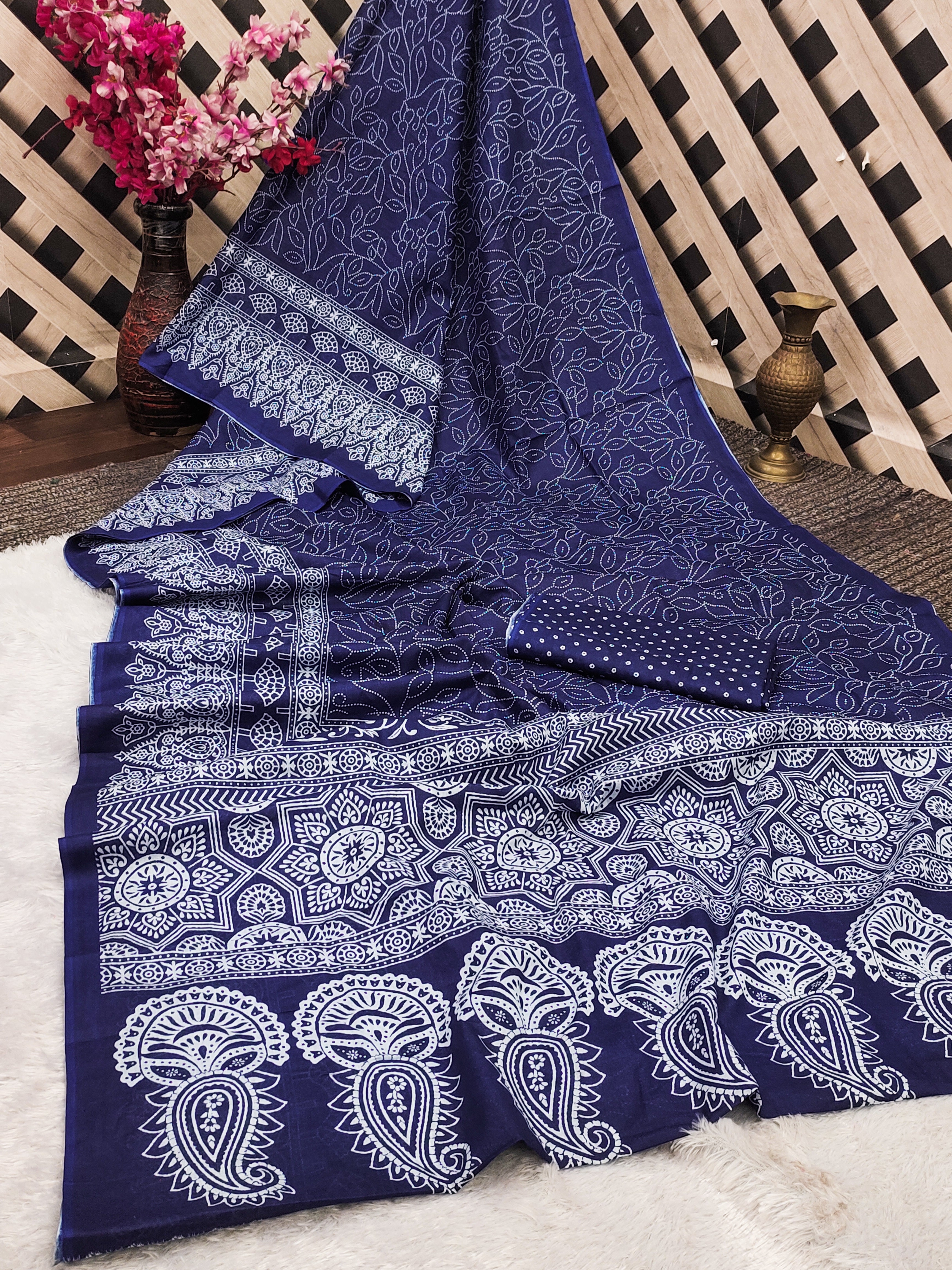 CHAMCHAM SOFT PURE COTTON BANDHEJ PRINTED NEVY BLUE SAREE