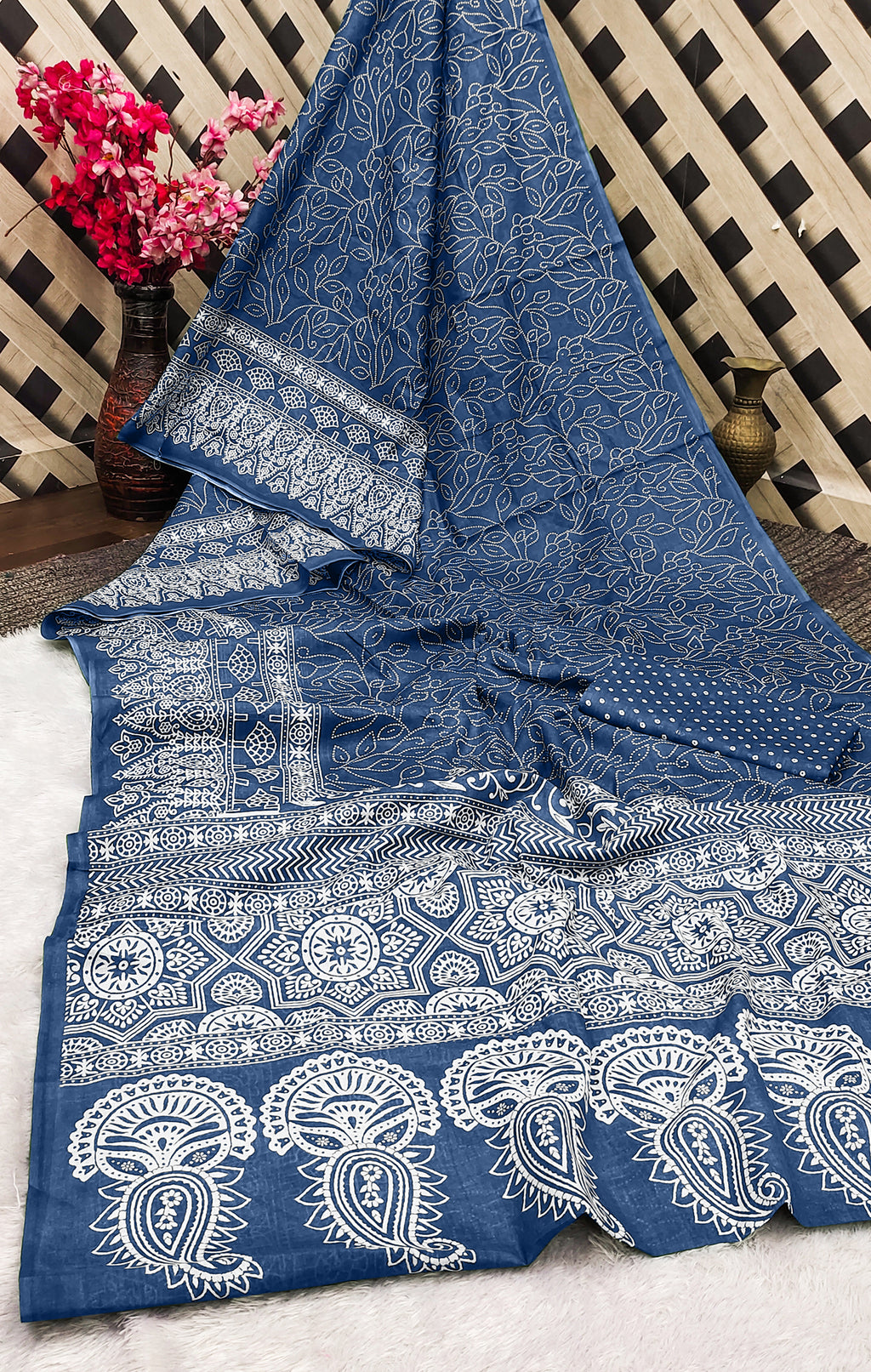 CHAMCHAM SOFT PURE COTTON BANDHEJ PRINTED BLUE SAREE