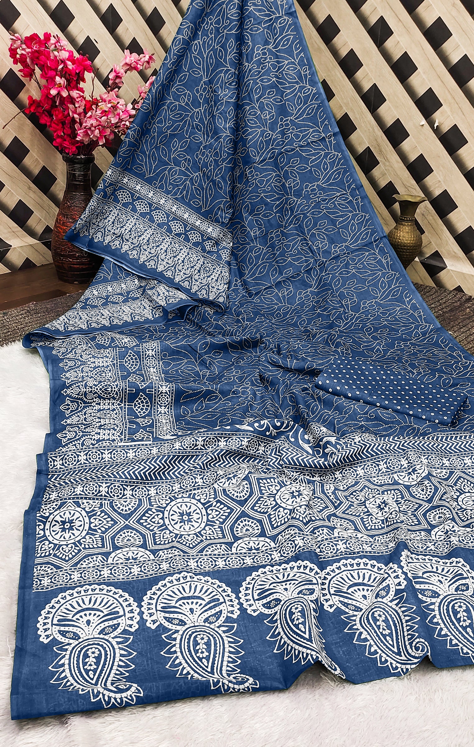 CHAMCHAM SOFT PURE COTTON BANDHEJ PRINTED BLUE SAREE