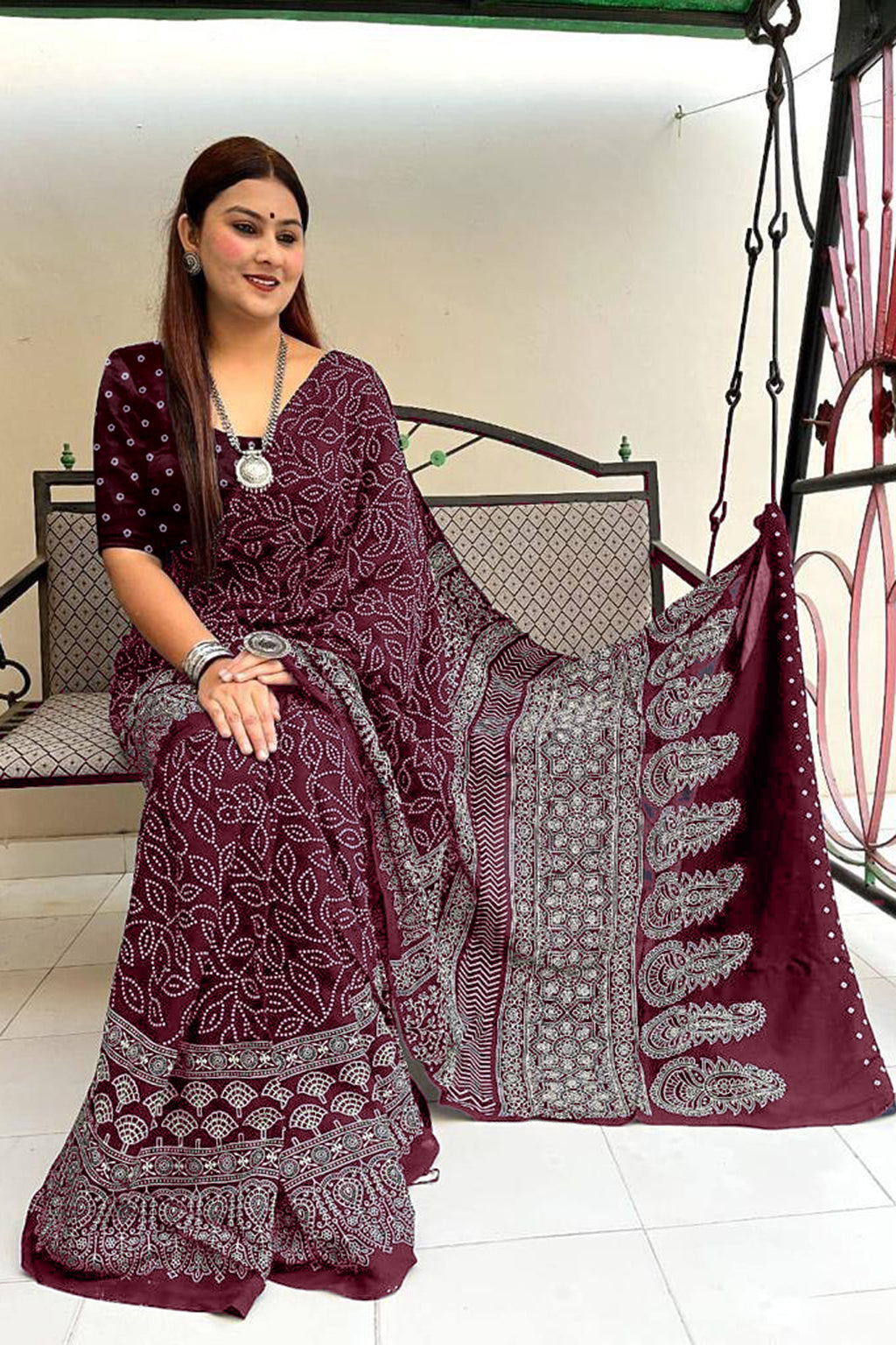 CHAMCHAM SOFT PURE COTTON BANDHEJ PRINTED MAROON SAREE