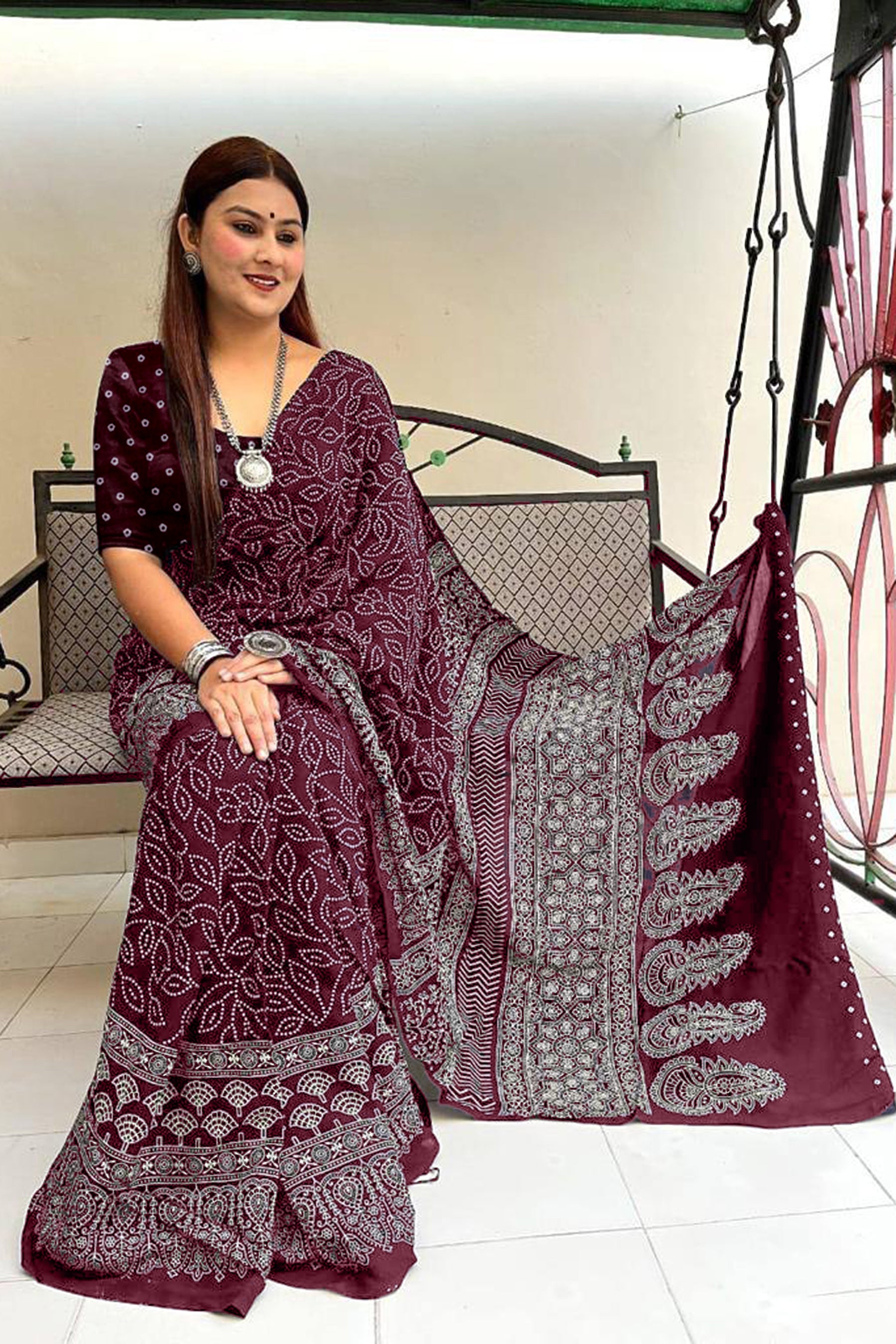 CHAMCHAM SOFT PURE COTTON BANDHEJ PRINTED MAROON SAREE