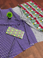 POLKA DOTS INDIAN STYLE PRINTD MULMUL COTTON BLUE SAREE