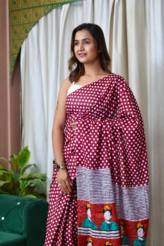 POLKA DOTS INDIAN STYLE PRINTD MULMUL COTTON MAROON SAREE