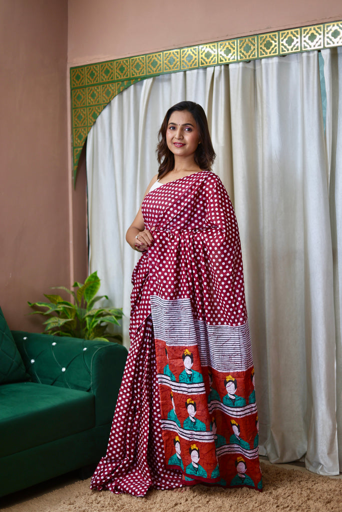 POLKA DOTS INDIAN STYLE PRINTD MULMUL COTTON MAROON SAREE