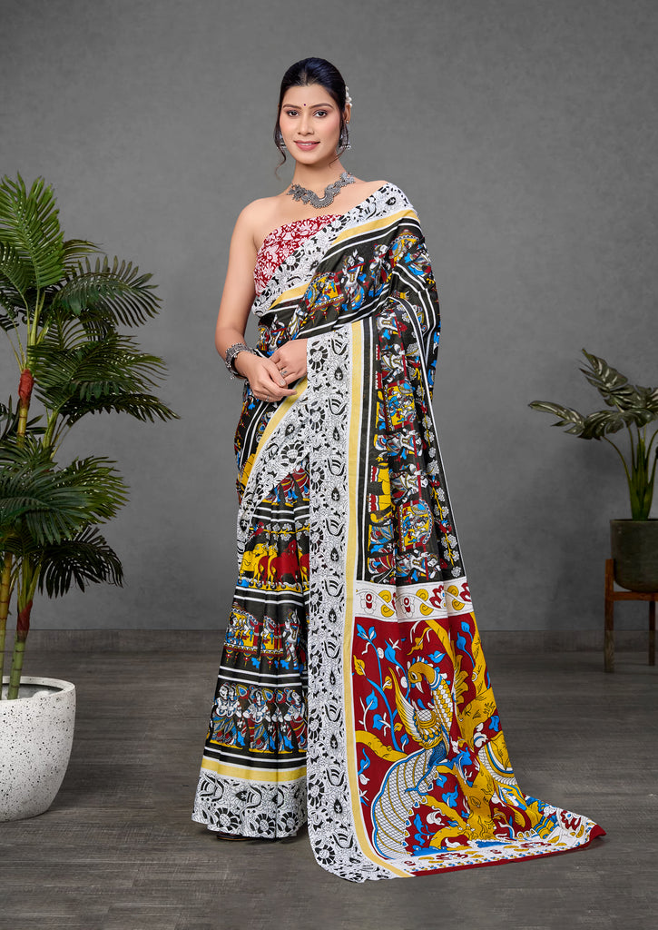 CHIRALA TRADITIONAL KALMKARI COTTON HAND BLOCK PRINT ULTRA SOFT LIGHT WEIGHT BLACK SAREE