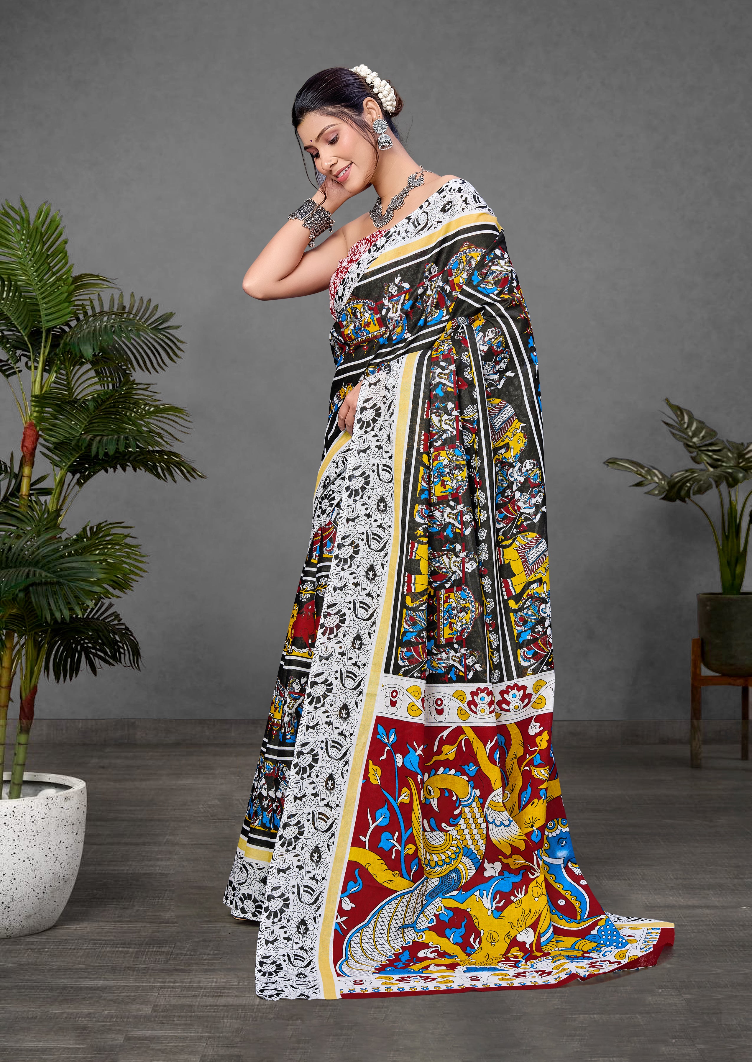 CHIRALA TRADITIONAL KALMKARI COTTON HAND BLOCK PRINT ULTRA SOFT LIGHT WEIGHT BLACK SAREE