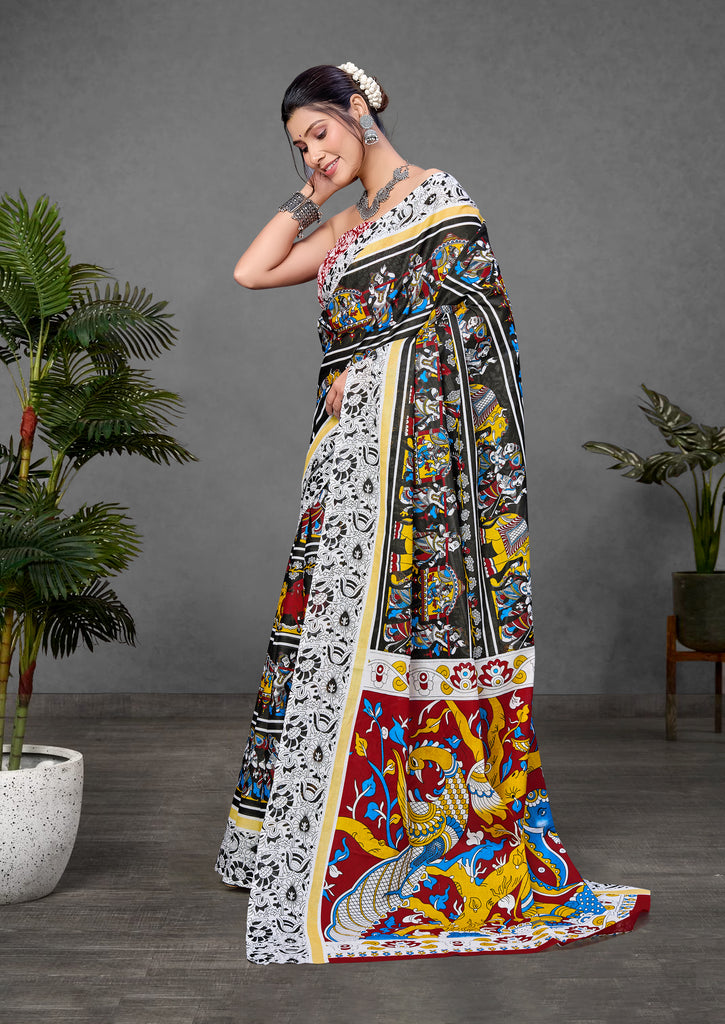 CHIRALA TRADITIONAL KALMKARI COTTON HAND BLOCK PRINT ULTRA SOFT LIGHT WEIGHT BLACK SAREE