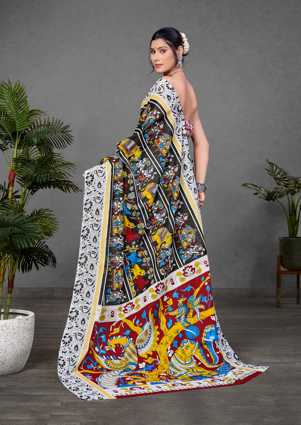 CHIRALA TRADITIONAL KALMKARI COTTON HAND BLOCK PRINT ULTRA SOFT LIGHT WEIGHT BLACK SAREE