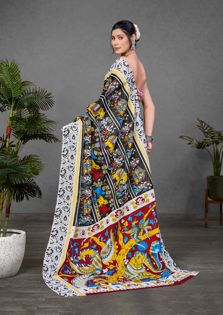 CHIRALA TRADITIONAL KALMKARI COTTON HAND BLOCK PRINT ULTRA SOFT LIGHT WEIGHT BLACK SAREE