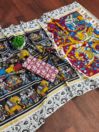 CHIRALA TRADITIONAL KALMKARI COTTON HAND BLOCK PRINT ULTRA SOFT LIGHT WEIGHT BLACK SAREE