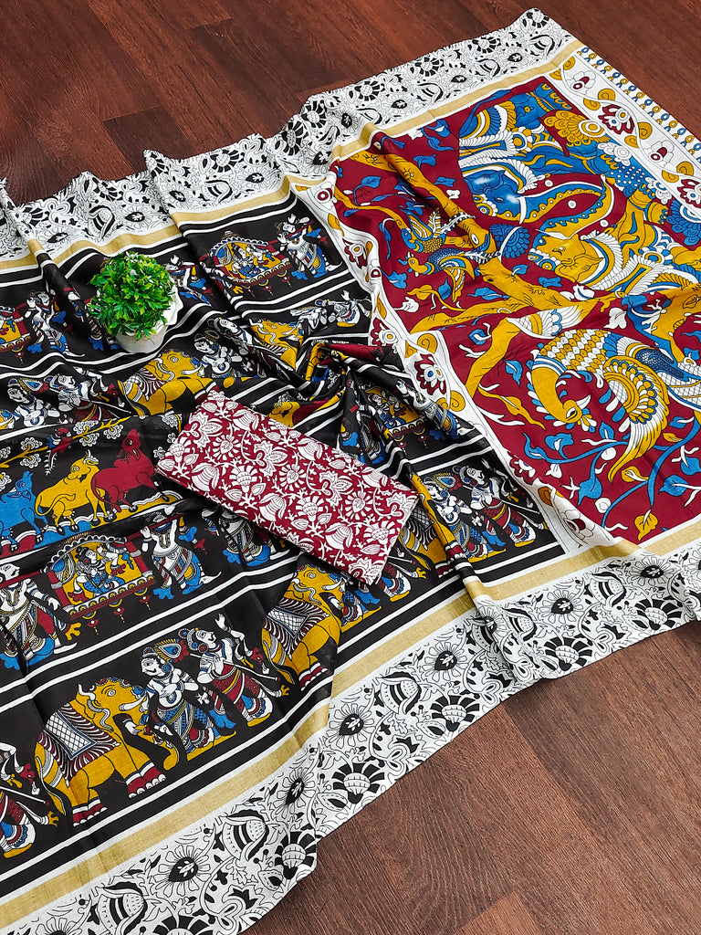 CHIRALA TRADITIONAL KALMKARI COTTON HAND BLOCK PRINT ULTRA SOFT LIGHT WEIGHT BLACK SAREE