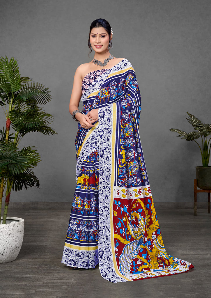 CHIRALA TRADITIONAL KALMKARI COTTON HAND BLOCK PRINT ULTRA SOFT LIGHT WEIGHT BLUE SAREE