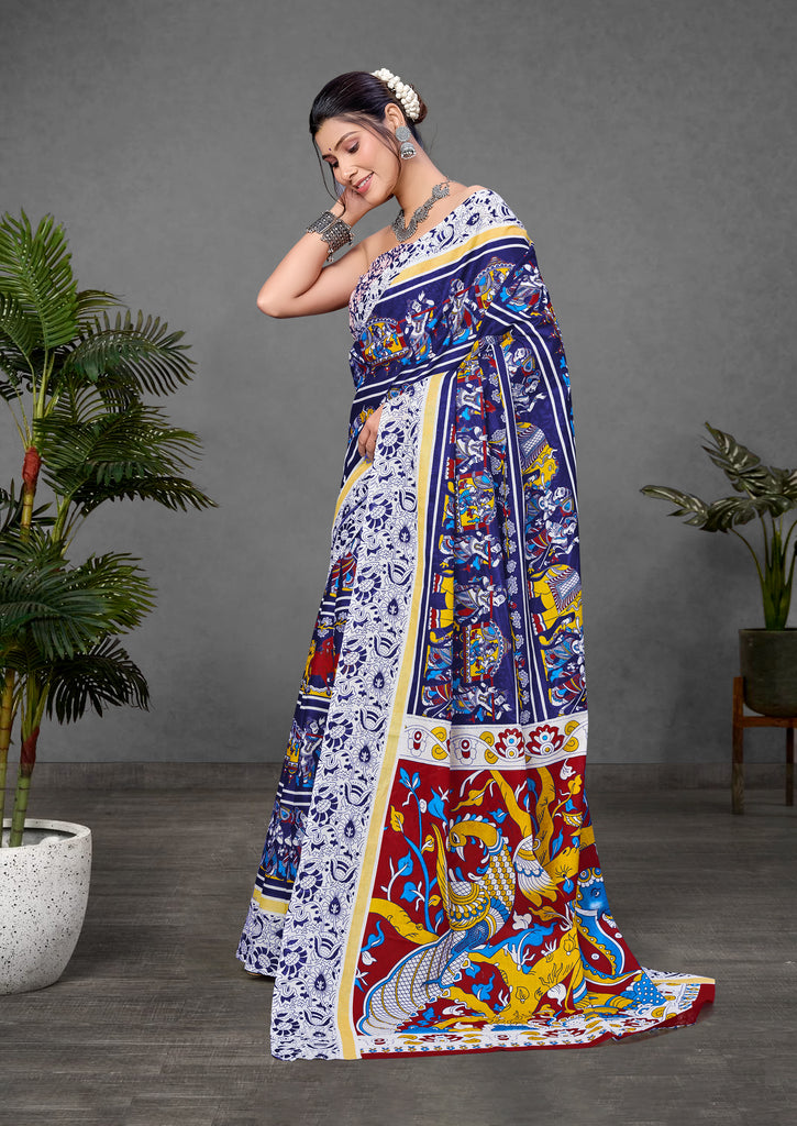 CHIRALA TRADITIONAL KALMKARI COTTON HAND BLOCK PRINT ULTRA SOFT LIGHT WEIGHT BLUE SAREE