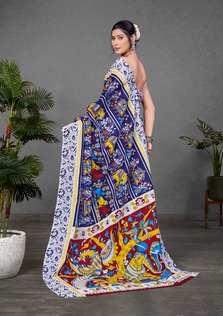 CHIRALA TRADITIONAL KALMKARI COTTON HAND BLOCK PRINT ULTRA SOFT LIGHT WEIGHT BLUE SAREE